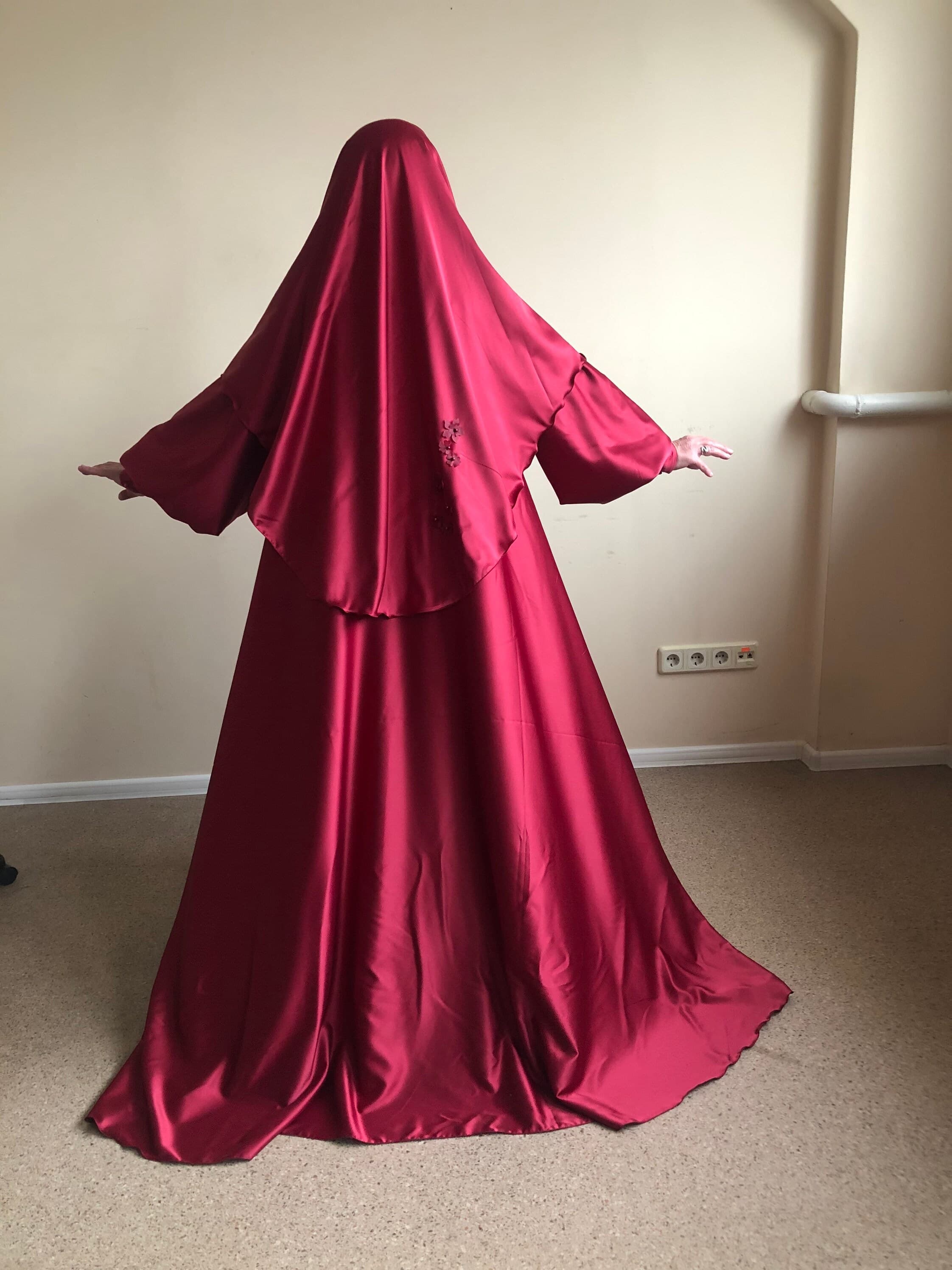 Burgundy Silk Satin Maxi Dress, Embroidered Lace, Elegant Muslim Wedding - image 4
