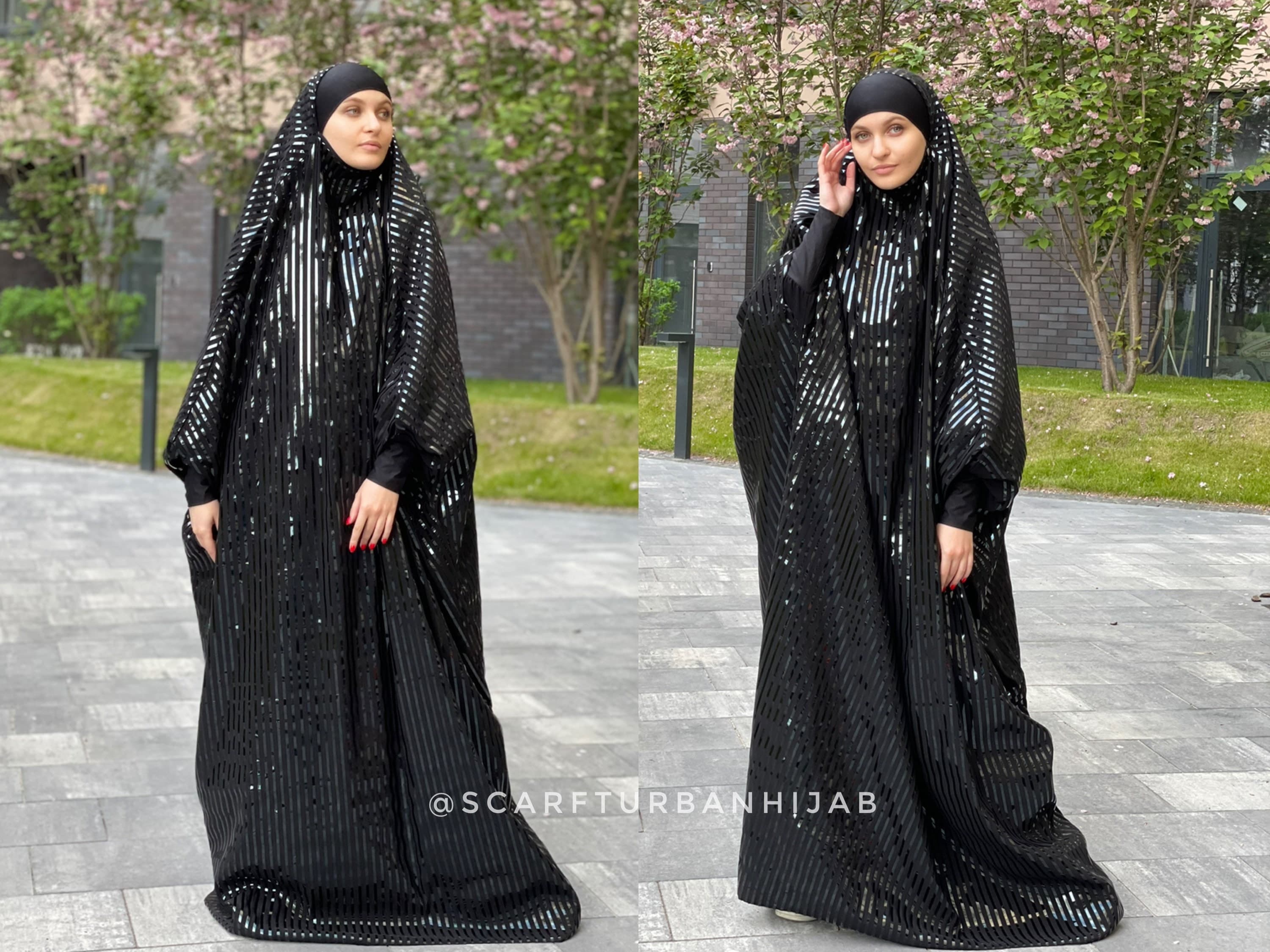 Black Stripe Latex Jilbab, Elegant Muslim Dress, Khimar Hijab - image 3