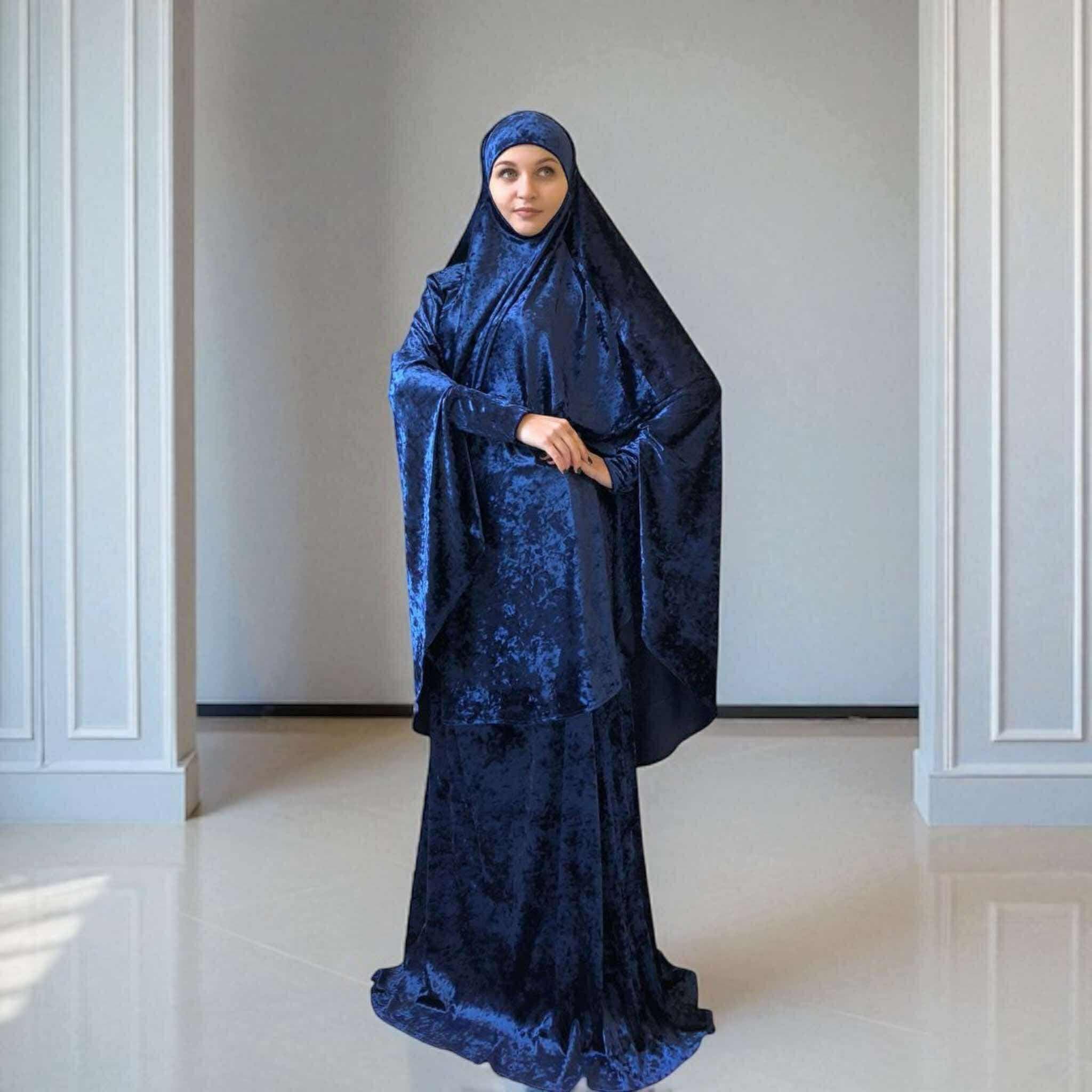 Navy Blue Velvet Jilbab Suit, Transformer Khimar, Muslim Dress