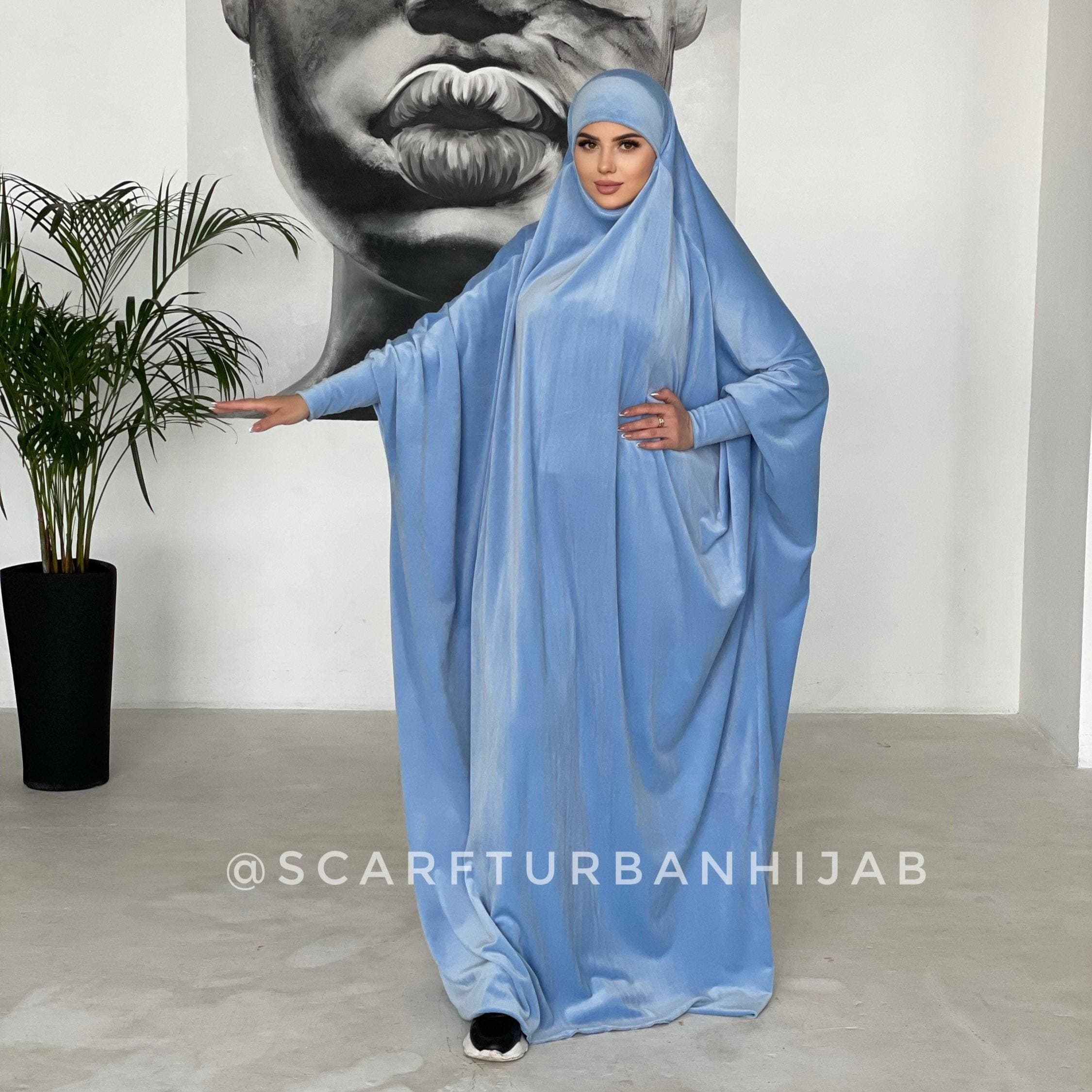 Sky Blue Plush Velour Khimar, Muslim Jilbab Hijab, Prayer Dress