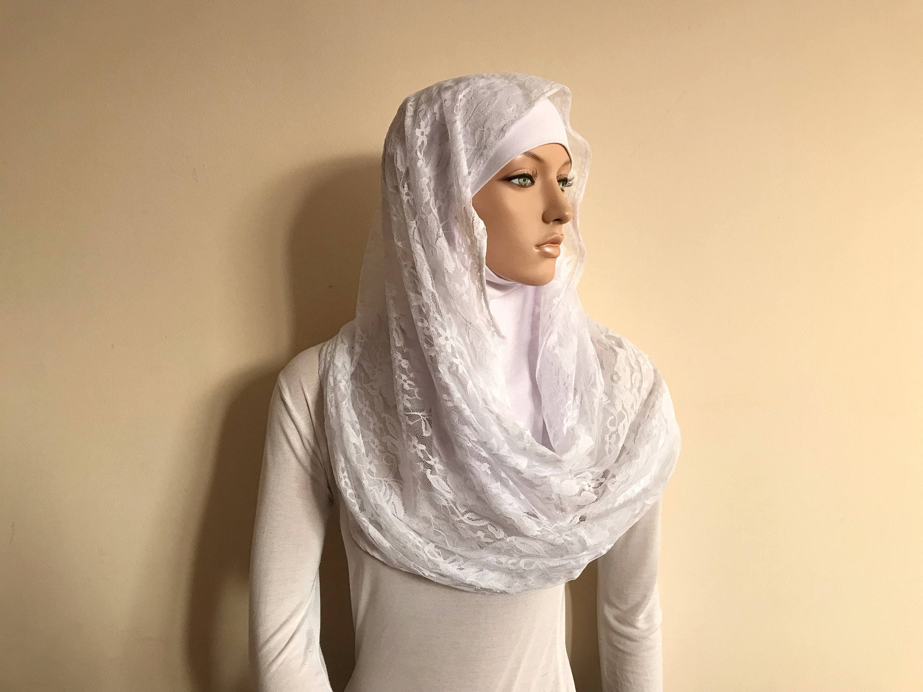 White Lace Infinity Scarf, Wedding Bridal Veil, Modern Hijab - image 4