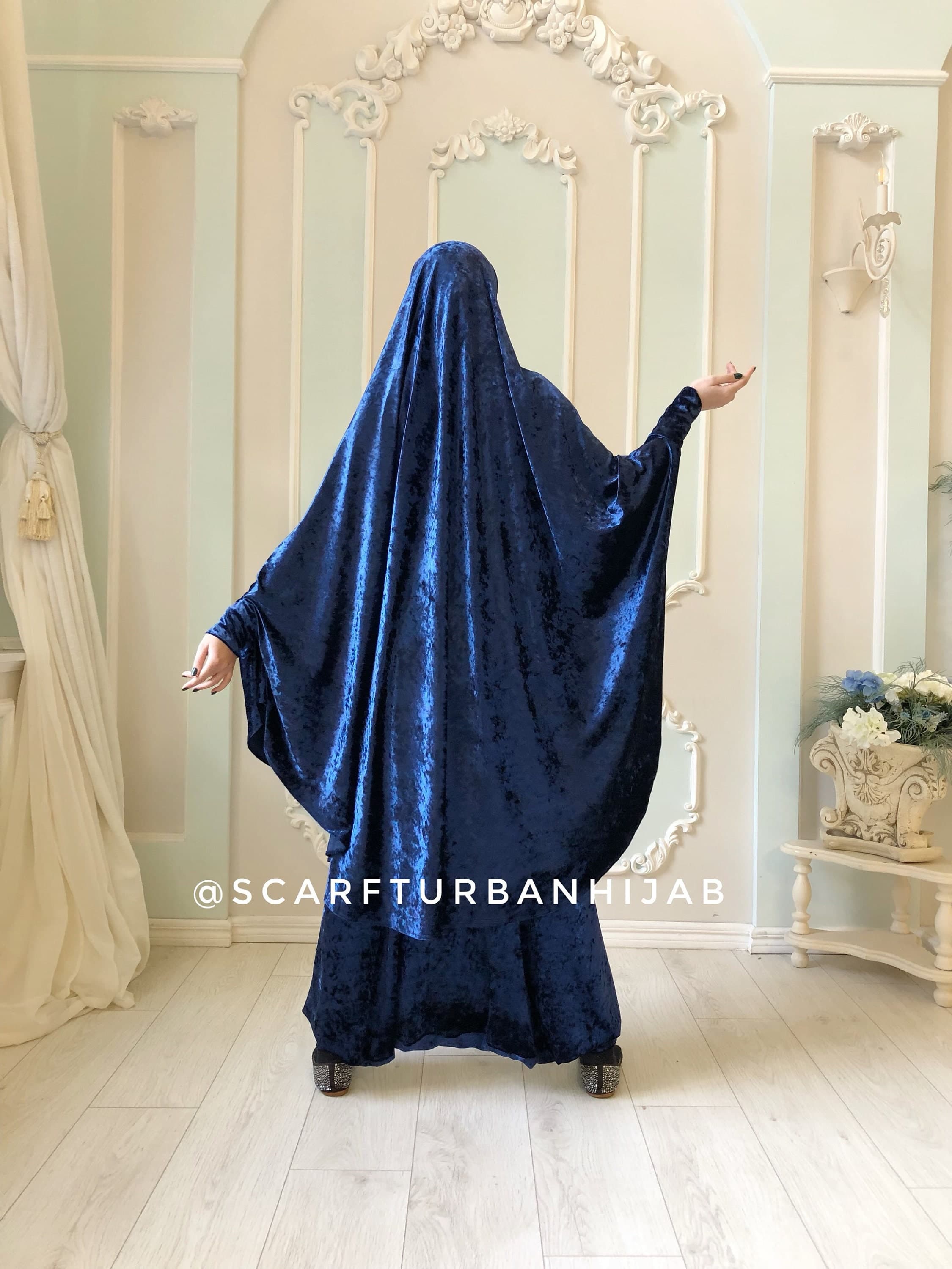 Velvet Navy Blue French Khimar Suit, Muslim Harem Pants, Long Hijab, Size M-L - image 4