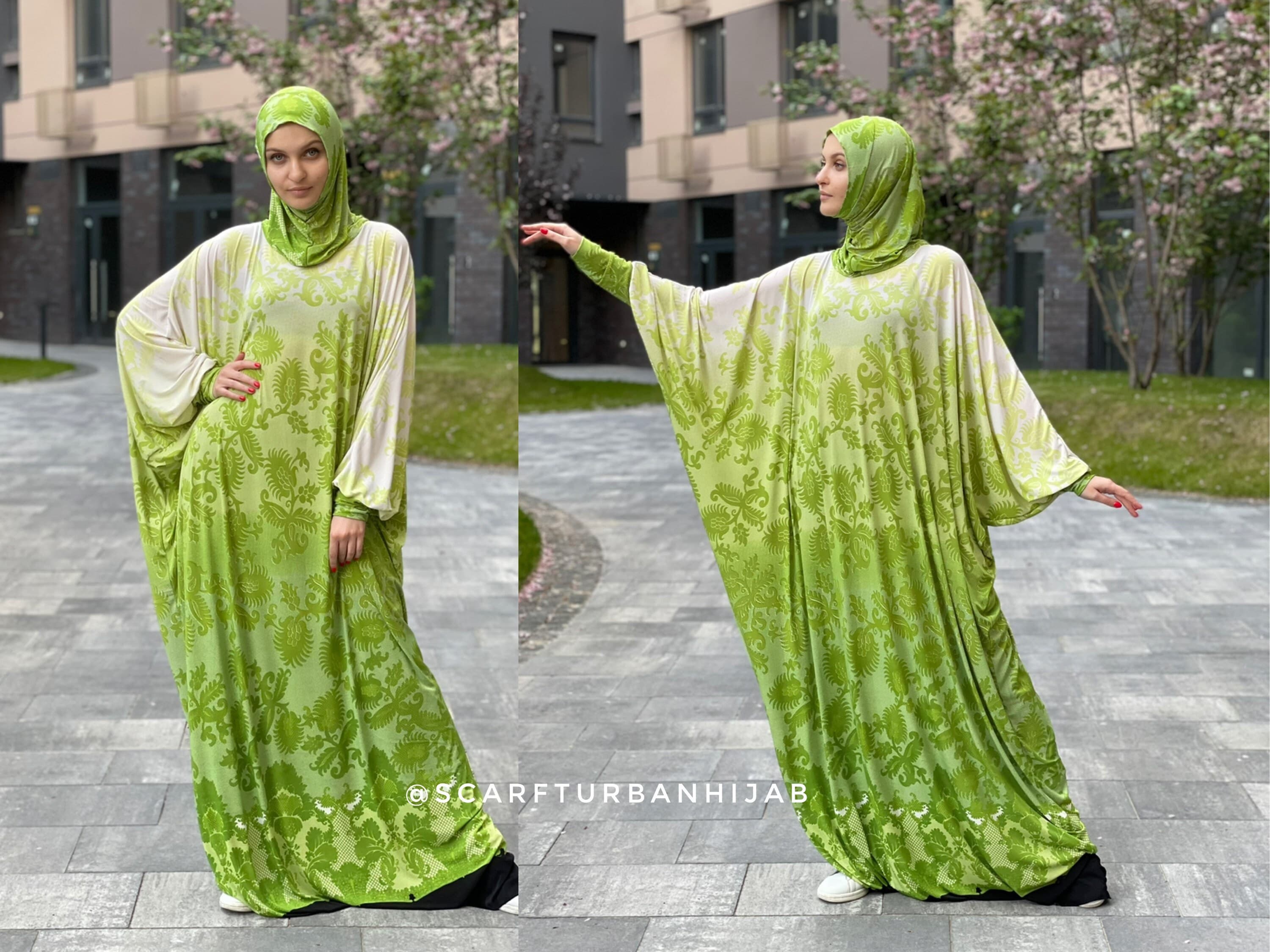 Green Gradient Jersey Caftan Abaya Dress, Attached Hijab, Plus Size - image 3