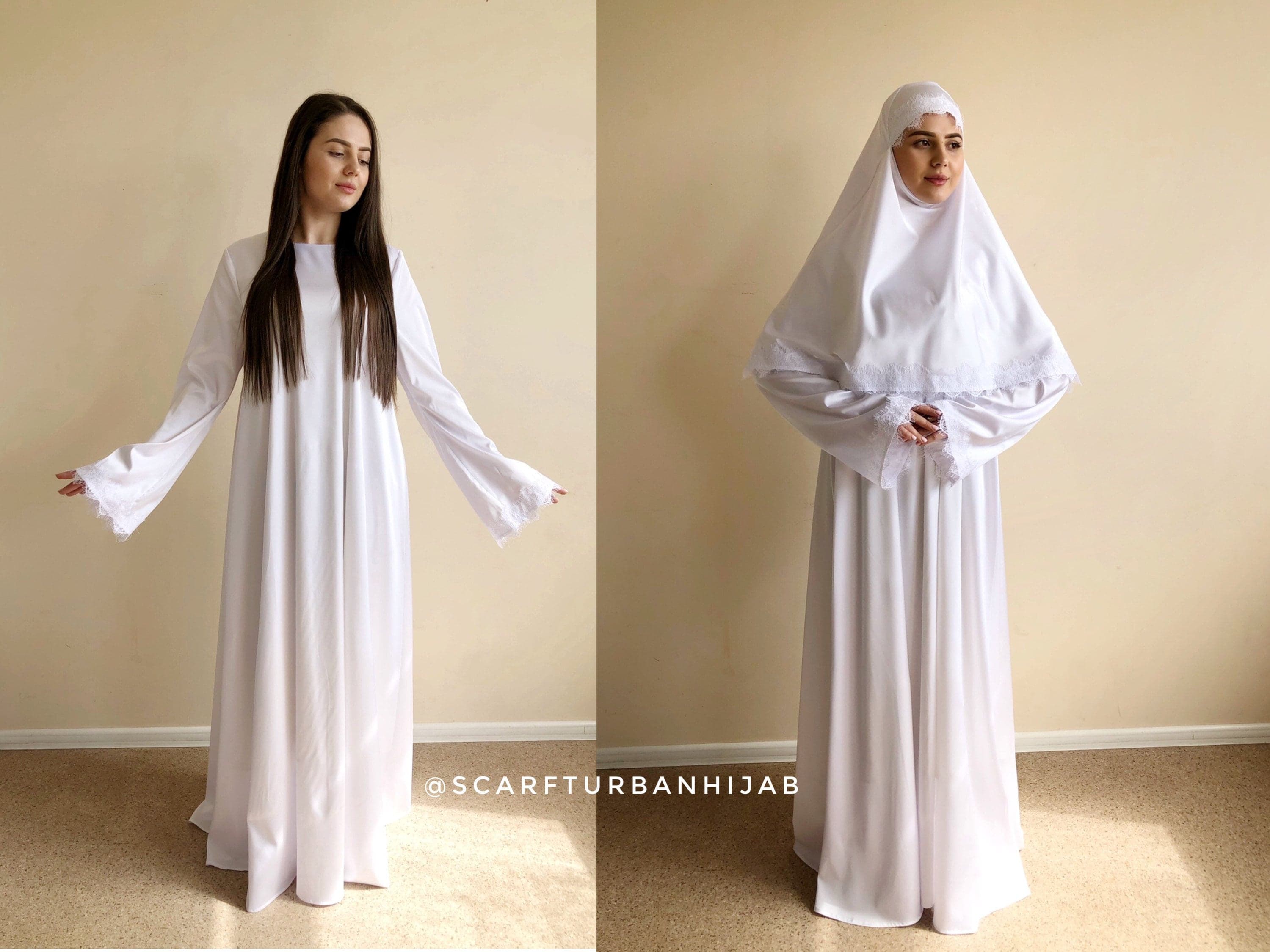 White Silk Maxi Dress with Lace Hijab Khimar (S-M) - image 3