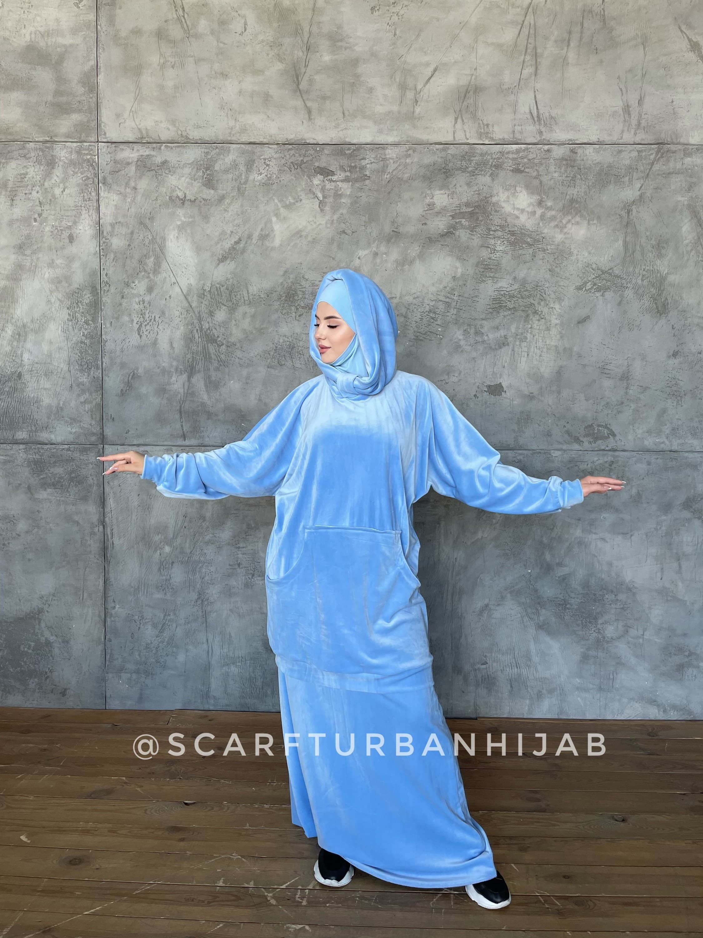 Sky blue Sport suit with hood , Muslim clothing, hijab plush velour - image 4