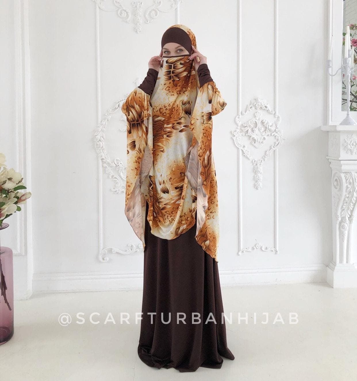 Floral Print Khimar Jilbab Hijab, Beige & Brown, Ready to Wear