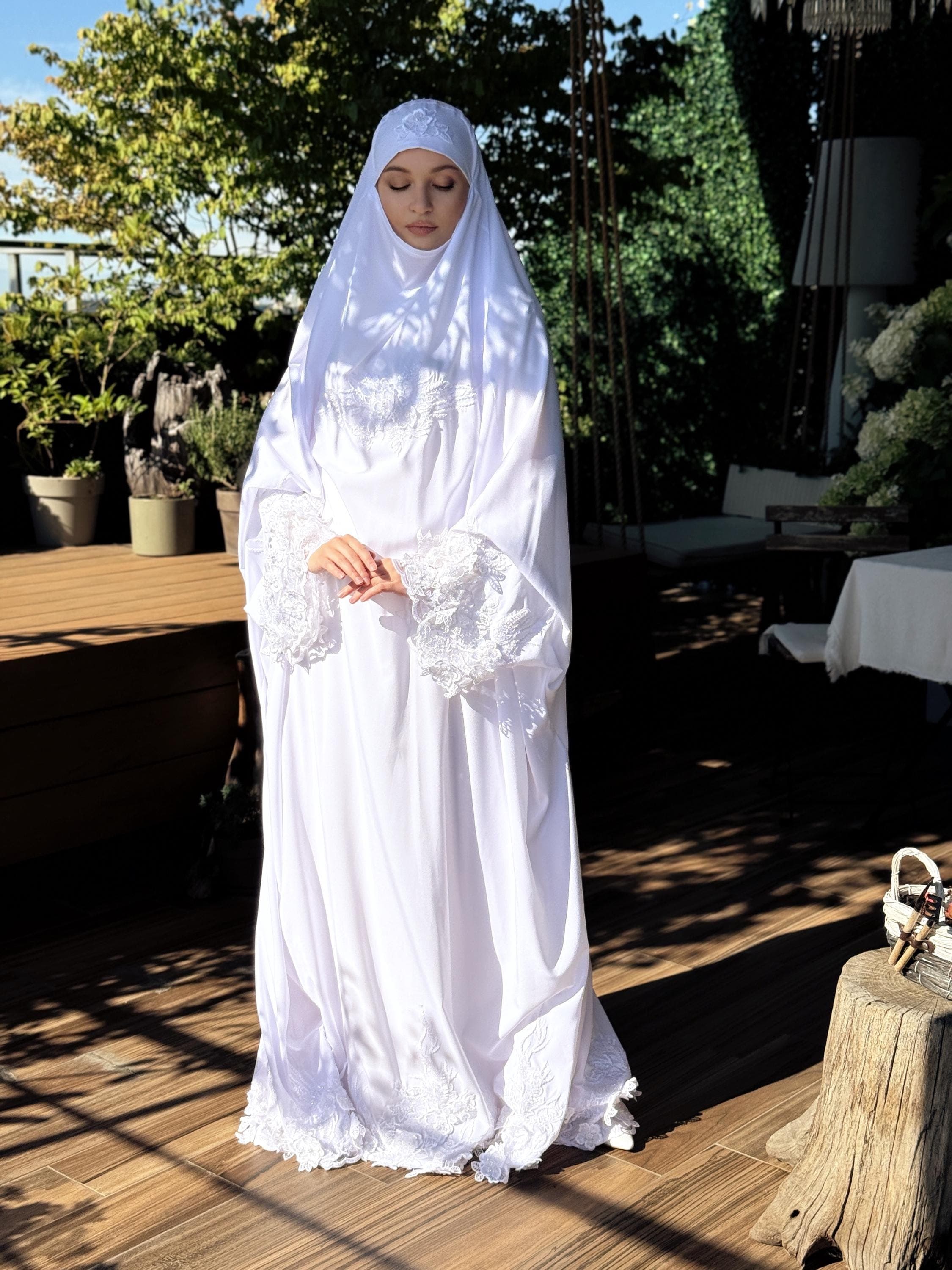 White Bridal Jilbab, Lace Embroidery Khimar, Modest Islamic Wedding Dress, Handmade Abaya - image 3