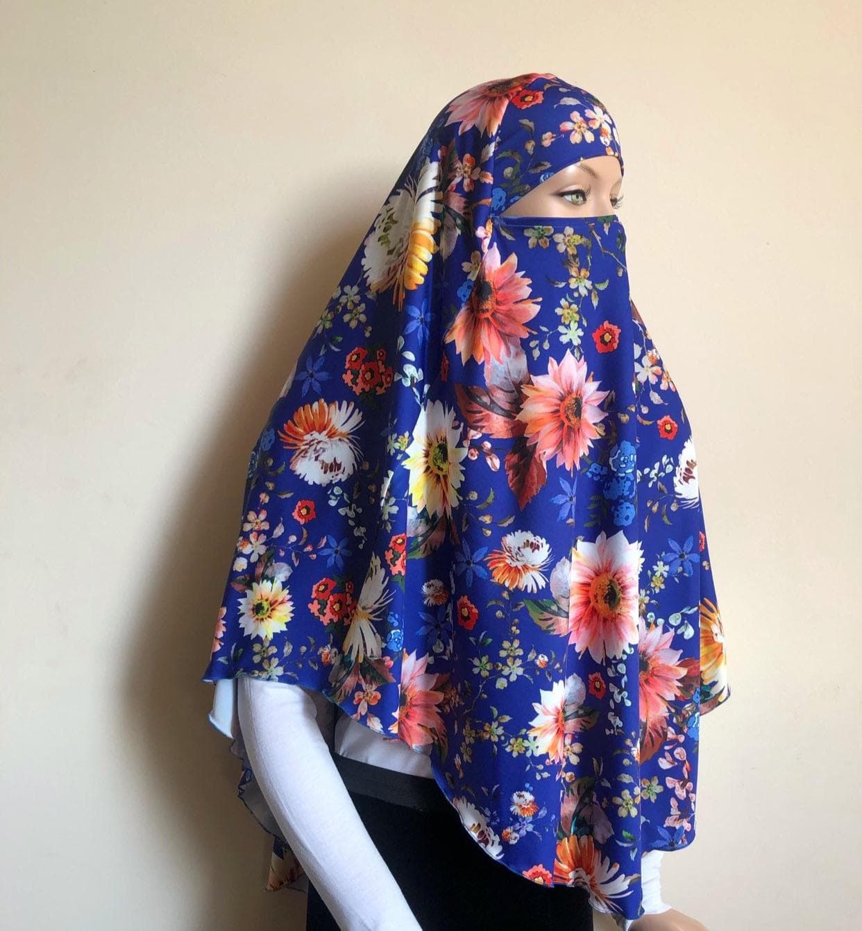 Royal Blue Floral Jersey Khimar, Traditional Hijab