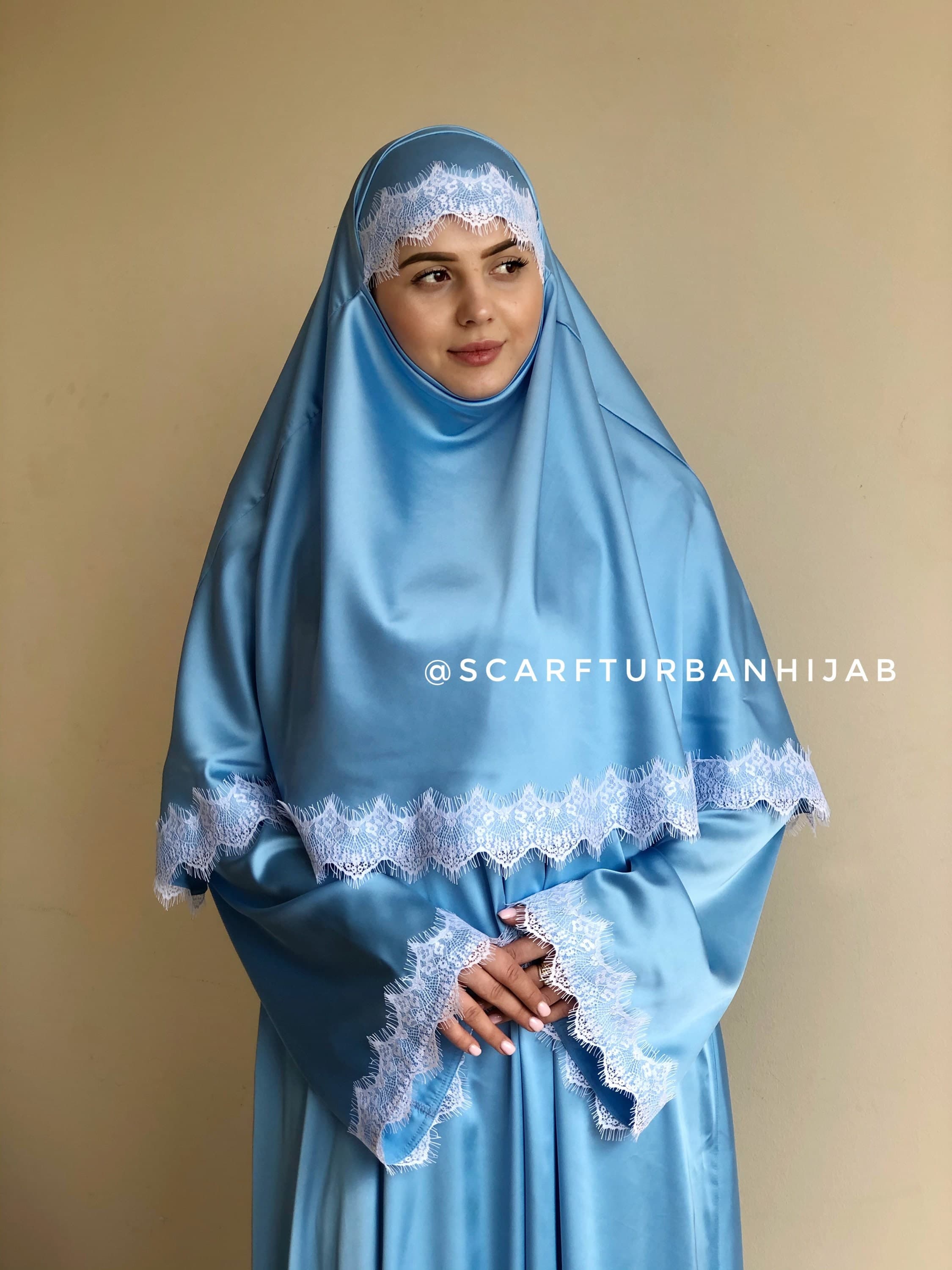 Sky Blue Silk Abaya Dress with Lace Hijab (Size 2 XL) - image 4