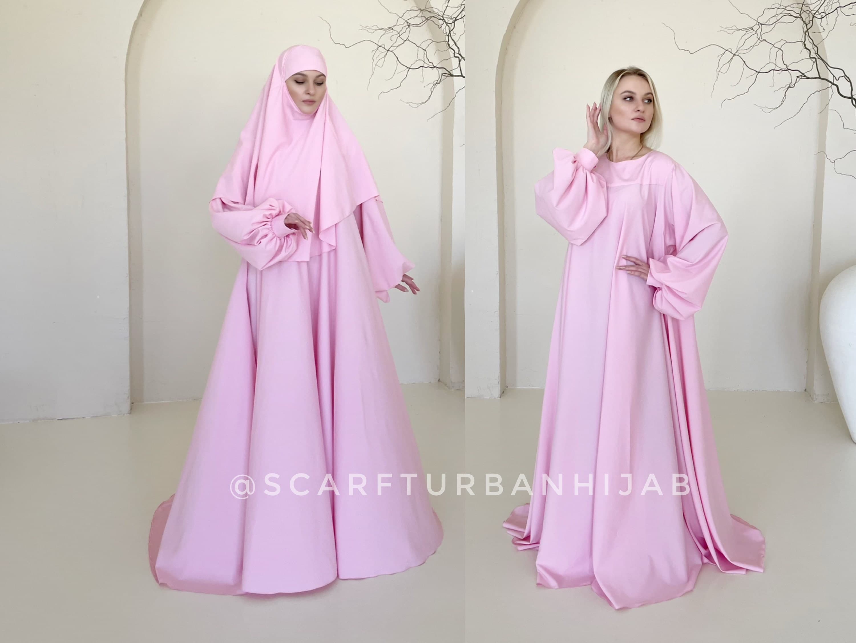 Elegant pink maxi dress with khimar, wedding abaya, engagement jilbab, EID dress - image 3