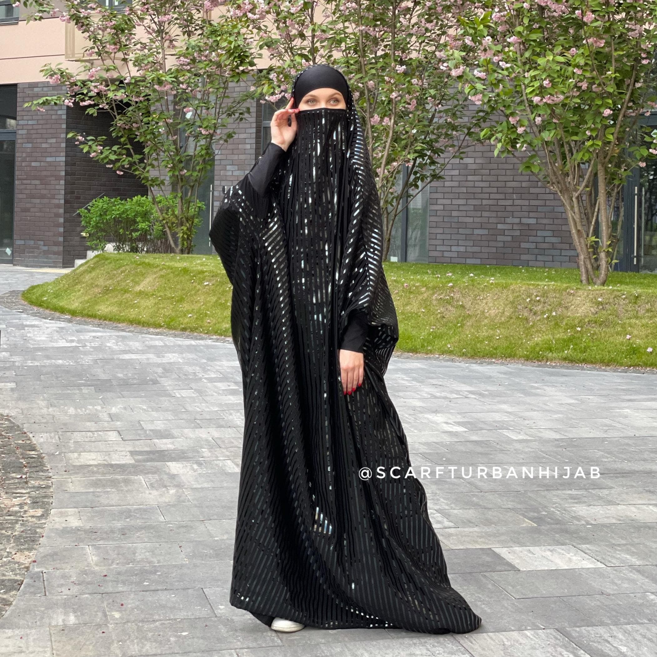Black Stripe Latex Jilbab, Elegant Muslim Dress, Khimar Hijab