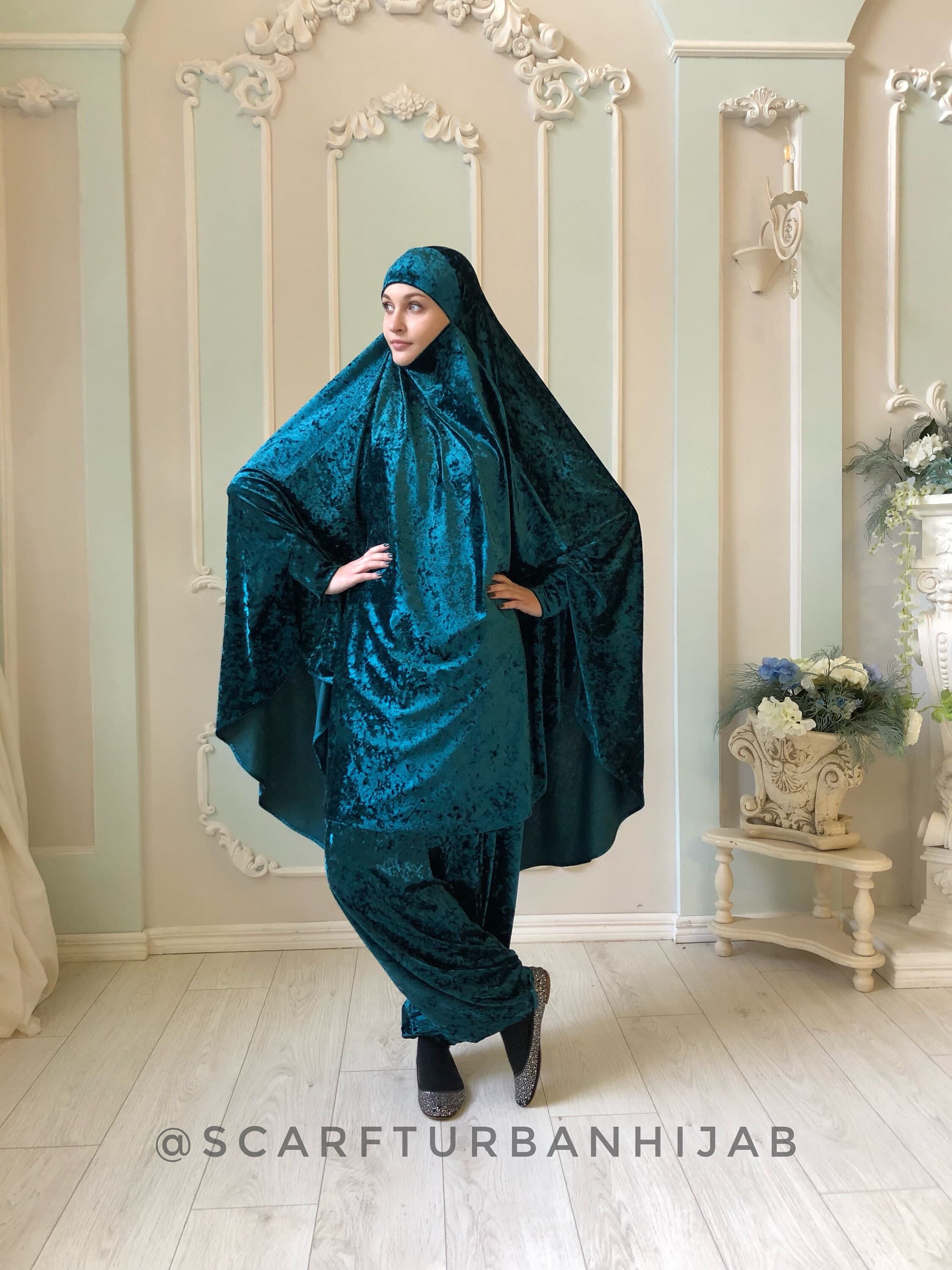 Emerald Velvet French Khimar Suit, Muslim Harem Pants, Long Hijab Niqab - image 4