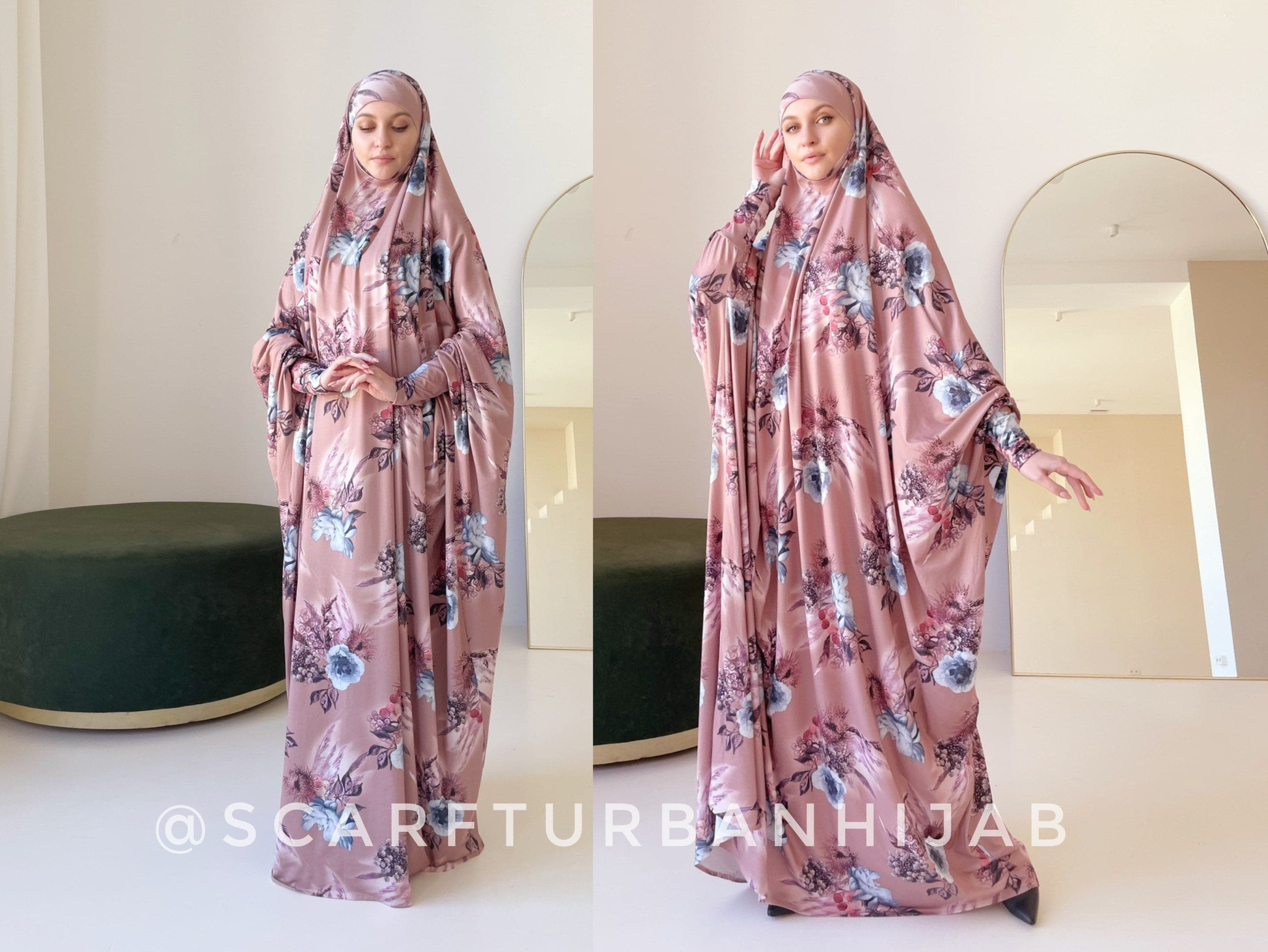 Floral Print Khimar Jilbab Dress, Full Coverage Knit Fabric - image 3
