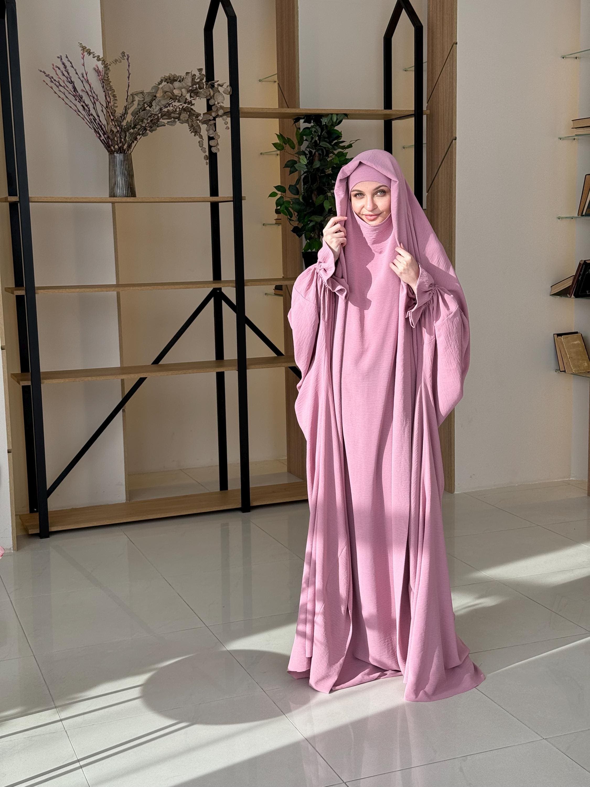 Oversized Long pink crepe Khimar with veil, abaya dress burqa style, luxury jilbab - image 4