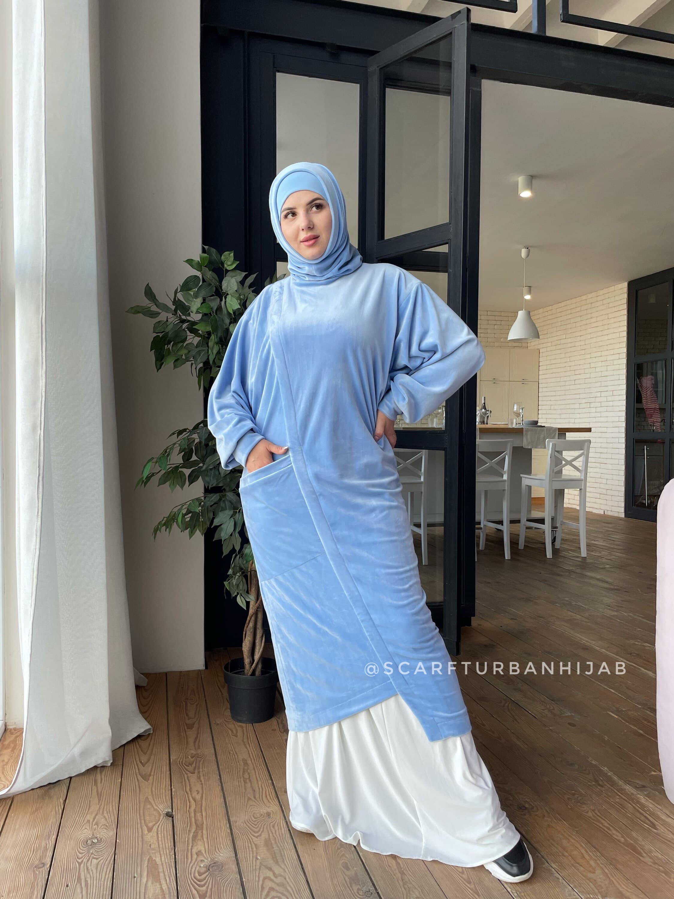 Sky blue plush velour long tunic with skirt,  winter hijab dress - image 5