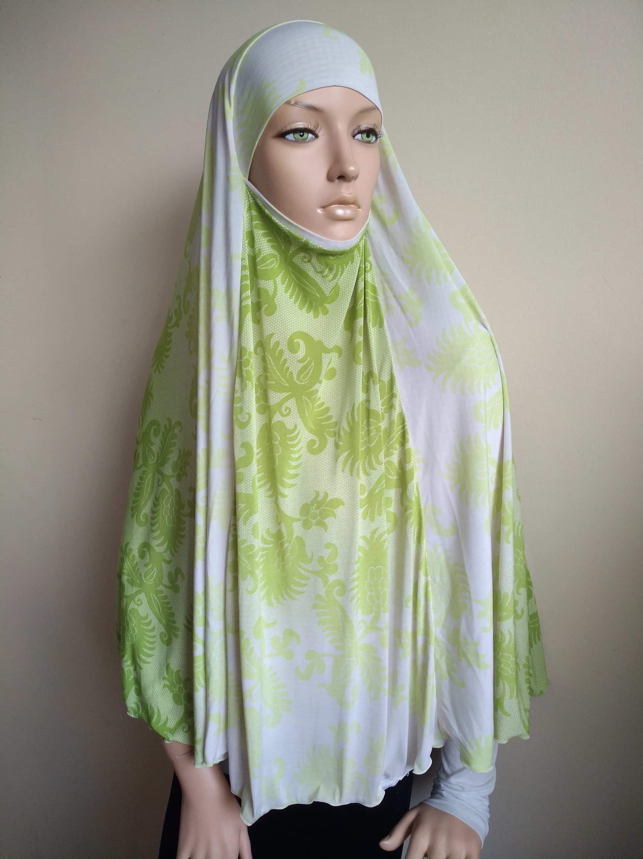Green Print Jersey Hijab Niqab, Ready to Wear Prayer Scarf - image 4