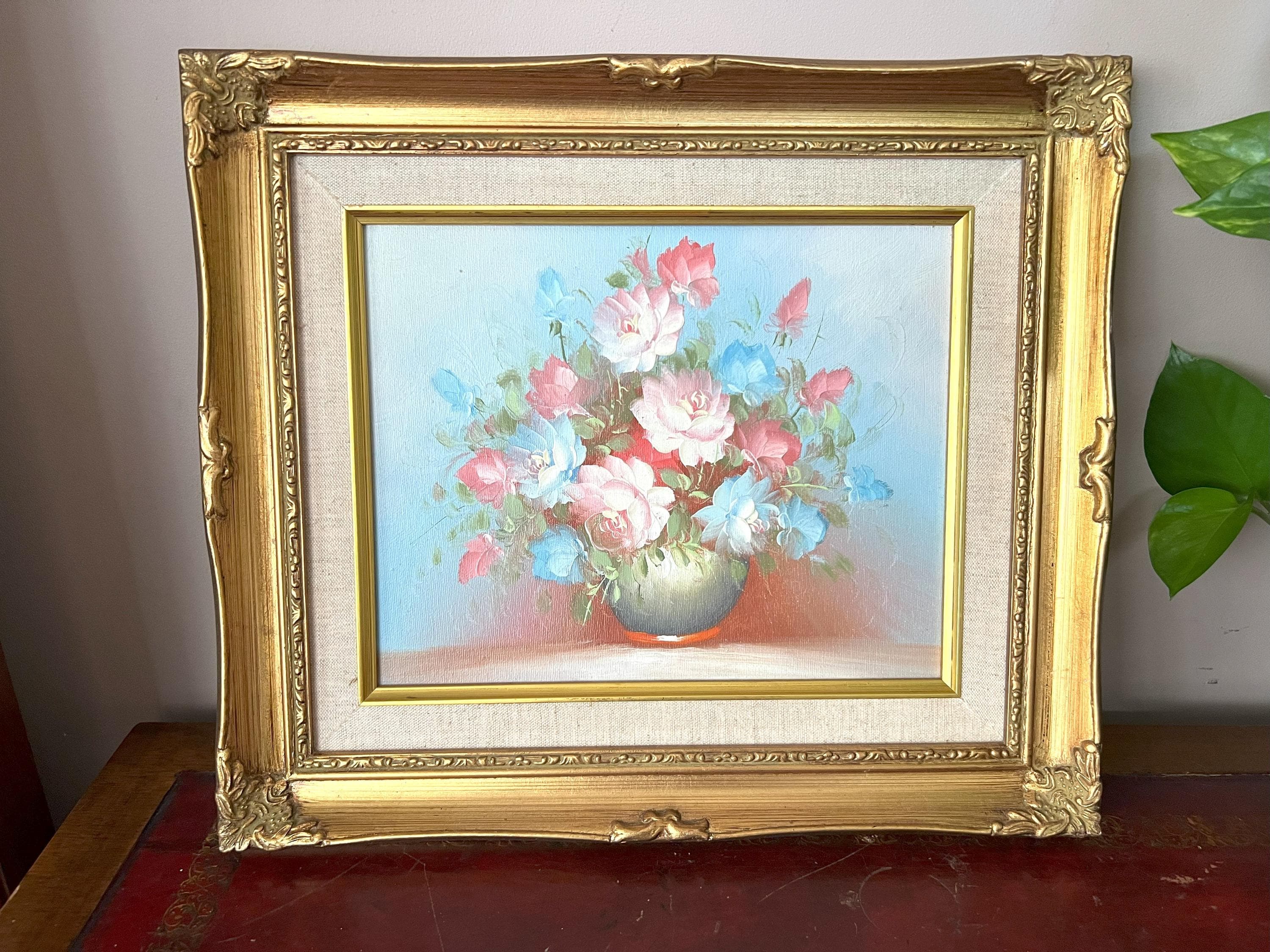 Vintage Flower Oil Painting on Hard Canvas, Gold Framed Flower Arrangement Oil Painting