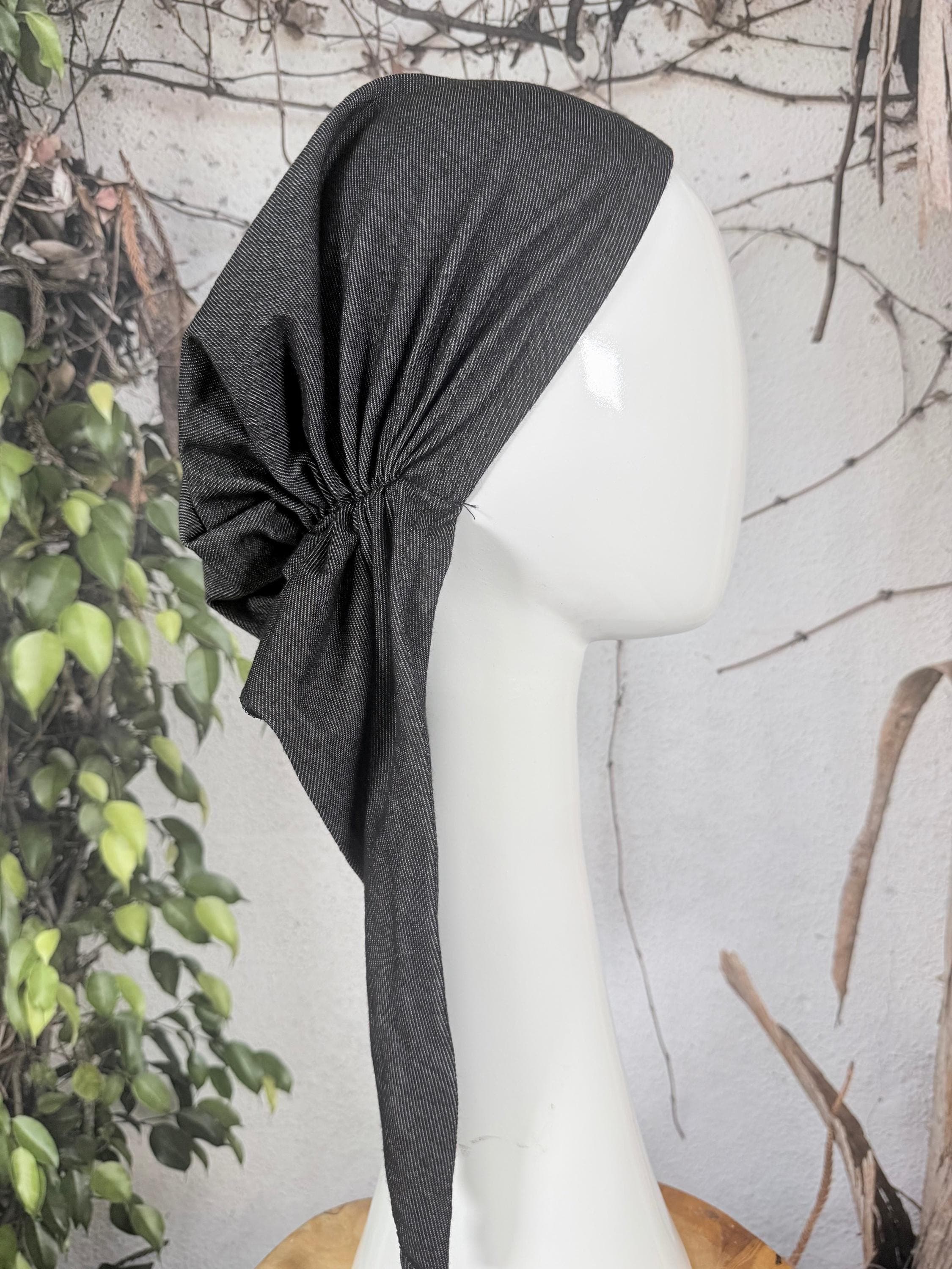 Stretchy Pre Tied Tichel Headscarf for Women, Black Faux Denim, Standard Tails, Slip On Bandana Headcovering, Chemo Headwear, Convenient