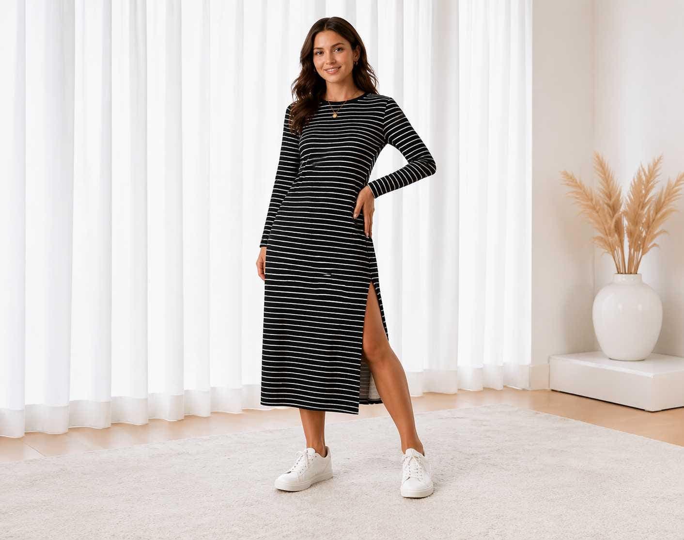 Striped Sweater Dress for Women, Black/White, Pull Over, Slit, Long Sleeved, Modest Clothing