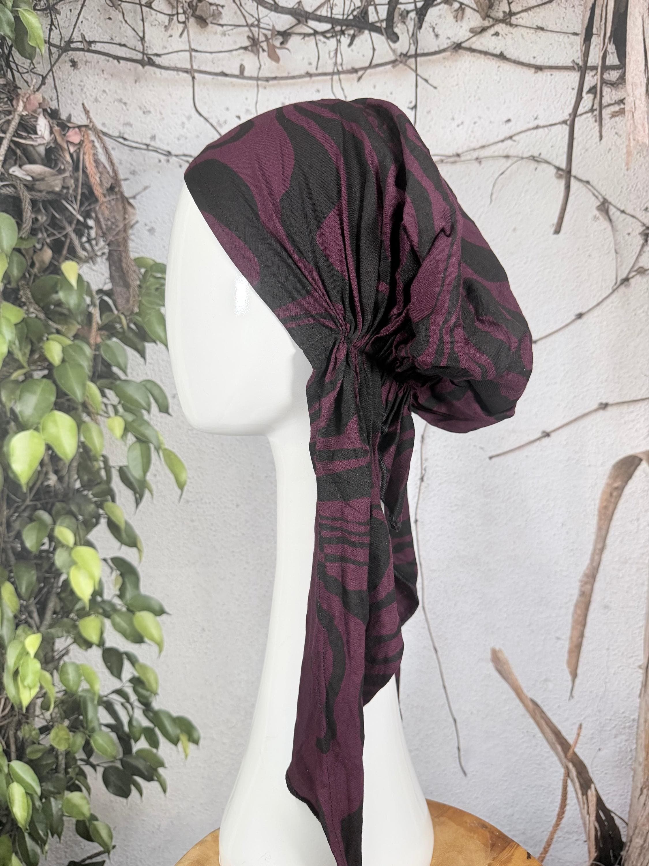 Stretchy Pretied Tichel - Eggplant/Black-pretieds-The Little Tichel Lady