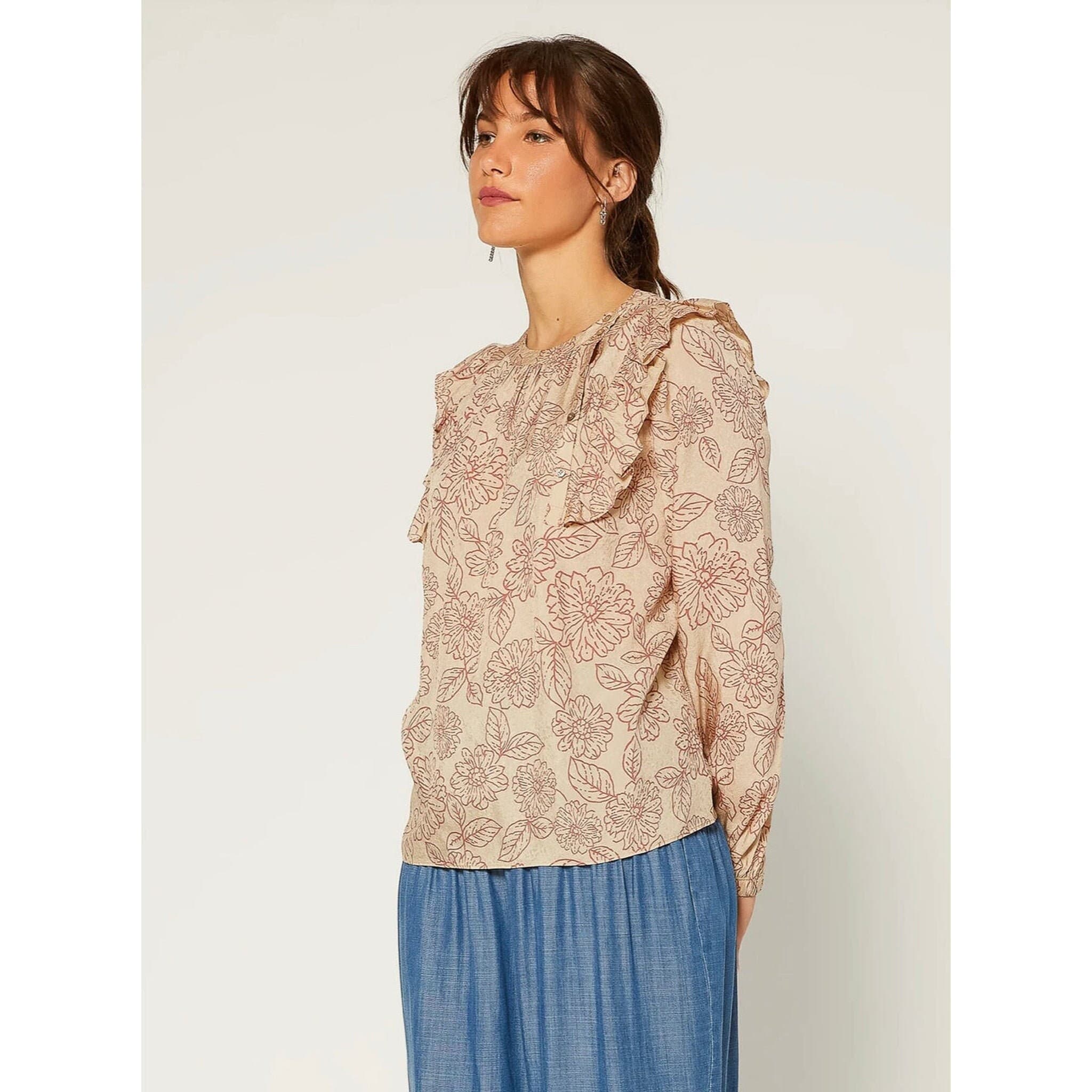 Printed Ruffle Blouse for Women, XS-LG, Beautiful Rose Design, Long Sleeve, Modest Tznius Top, Elegant Tunic Shirt