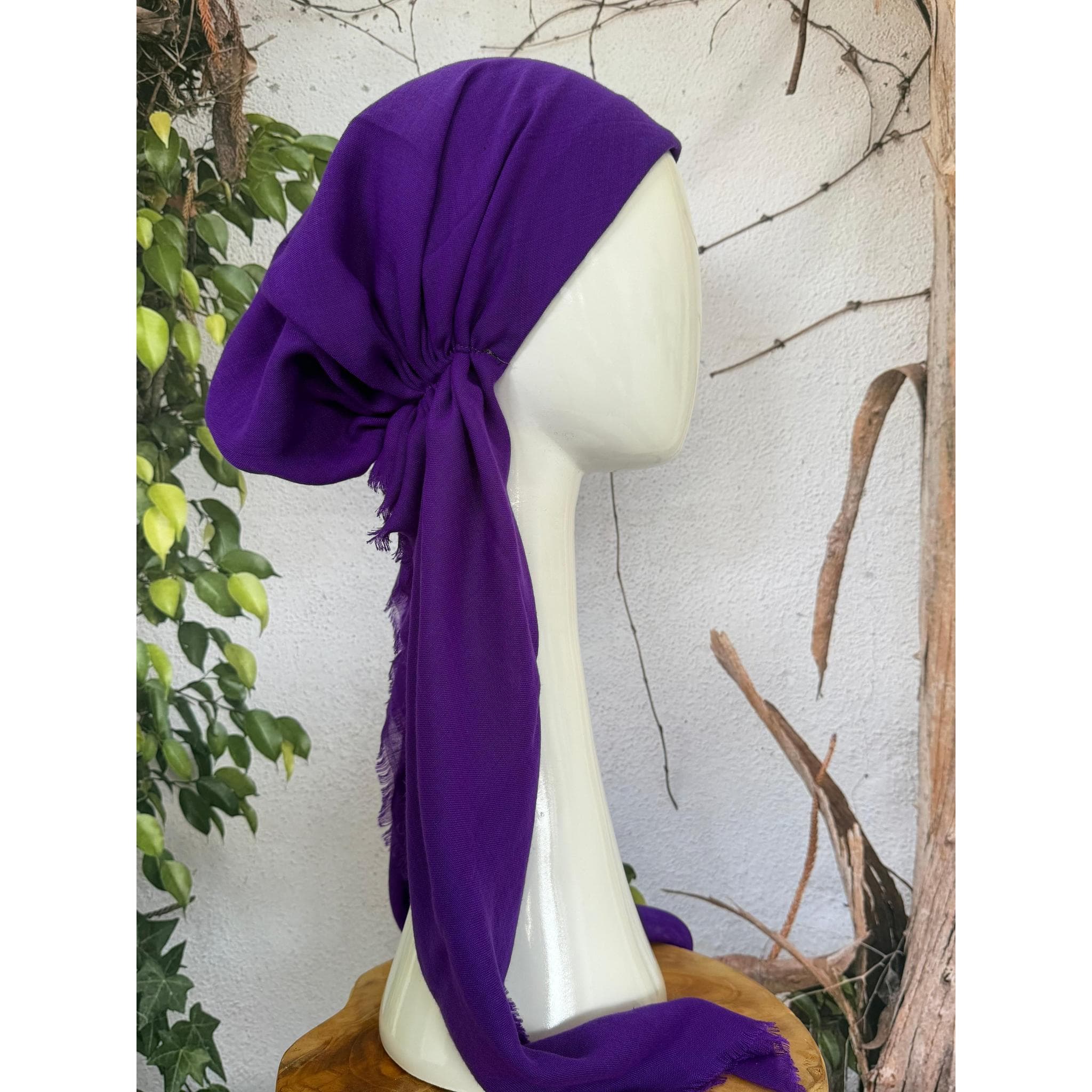 Pre Tied Head Scarf for Women, NON-SLIP Band Attached, Purple, Cotton Textured Long Tails, Chemo Headwear, Slip On Bandana Cover Tichel Lady