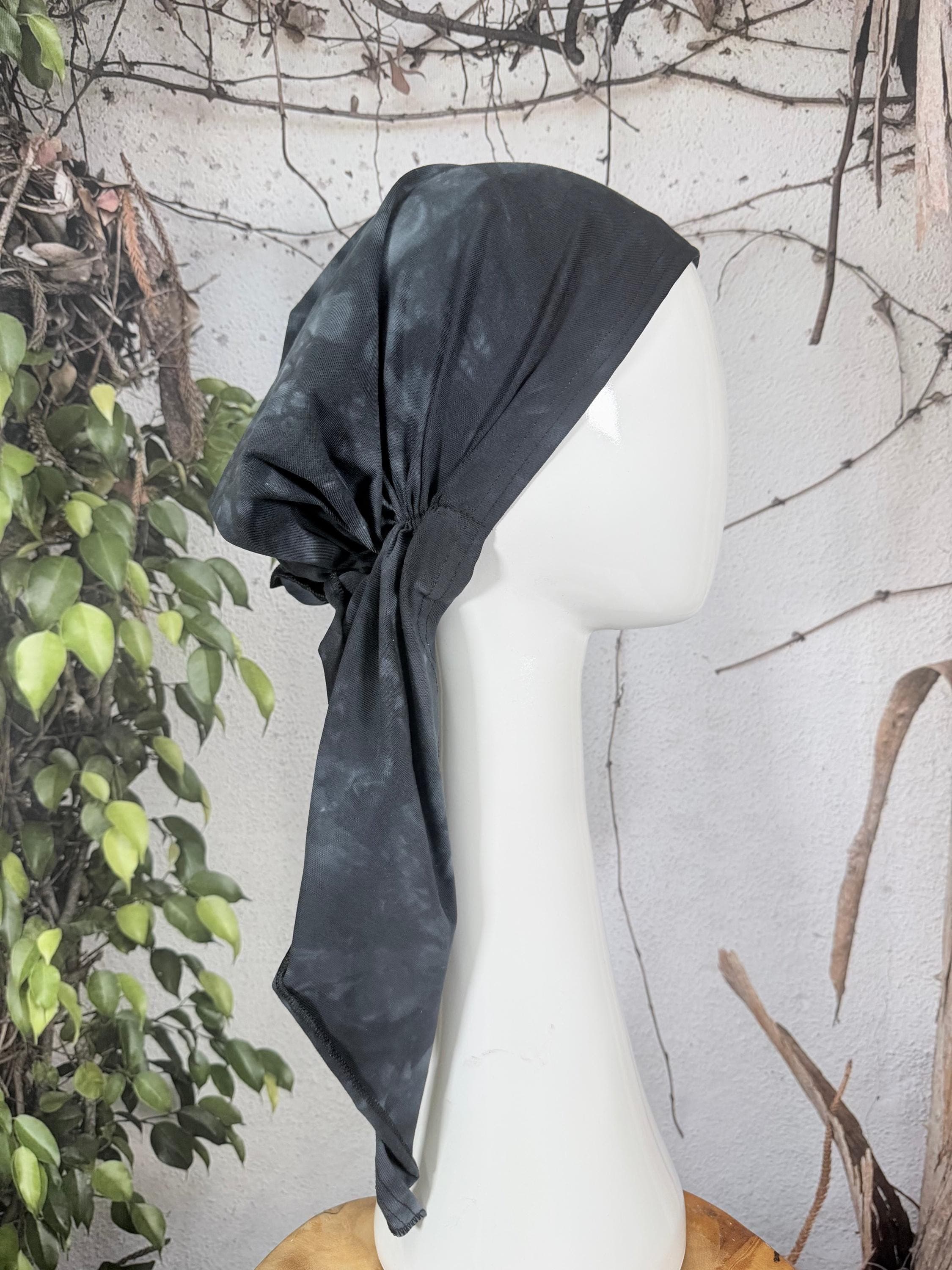 Stretchy Pre Tied Tichel Headscarf for Women, Black Tie Dye, Standard Tails, Slip On Bandana Headcover, Chemo Headwear Convenient Hair Cover