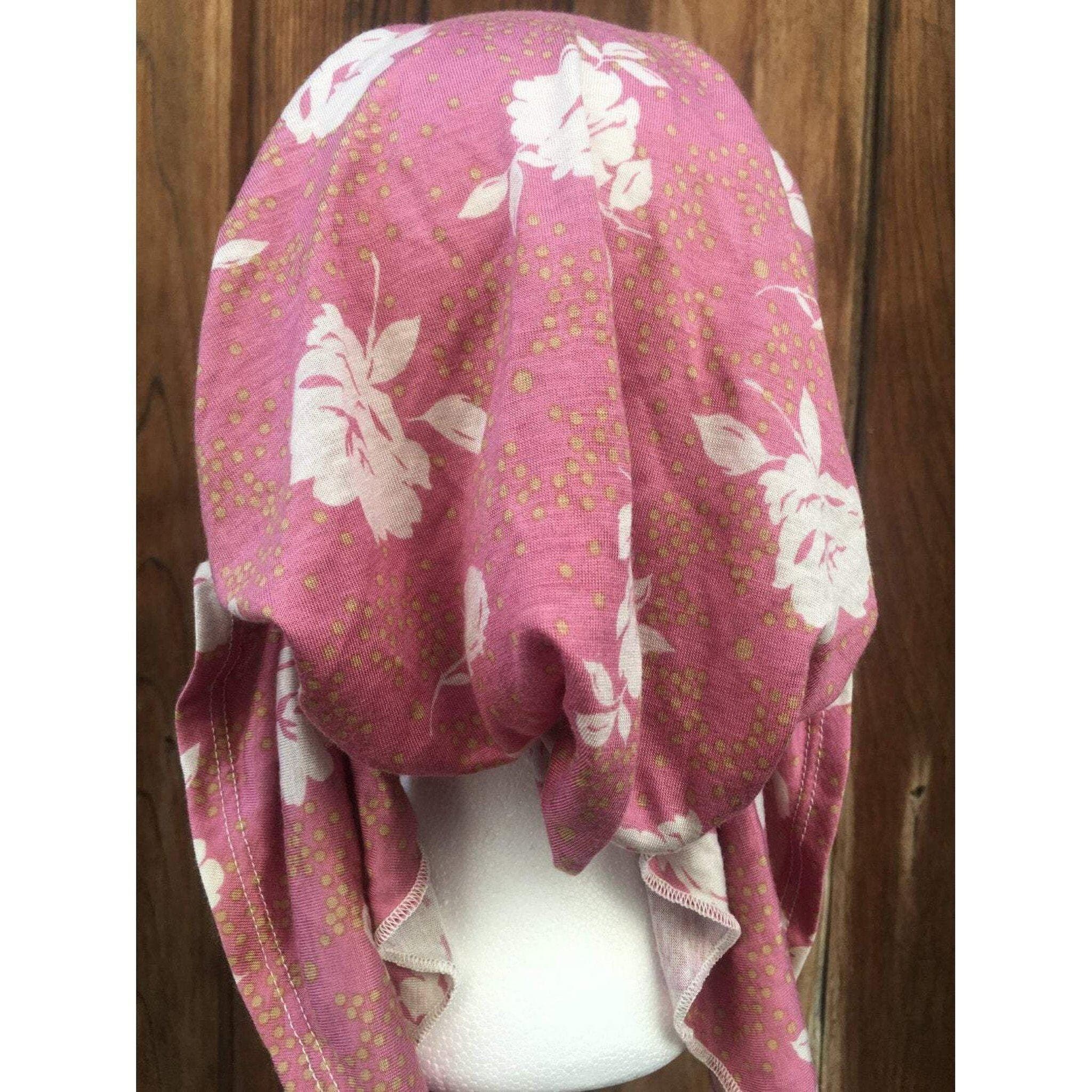 Pre Tied Tichel Headscarf, Pink Floral Slip On Turban, Chemo Hat Cap Beanie, Head Cover for Women, Housewear, Cancer Gifts, Hair Accessory - image 4