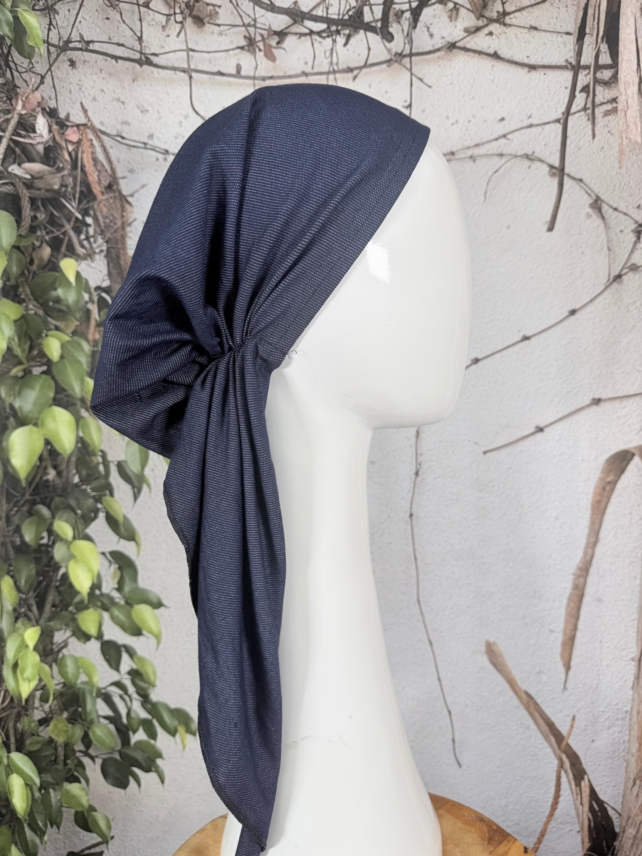 Stretchy Pre Tied Tichel Headscarf for Women, Blue Faux Denim, Standard Tails, Slip On Bandana Headcovering, Chemo Headwear, Convenient