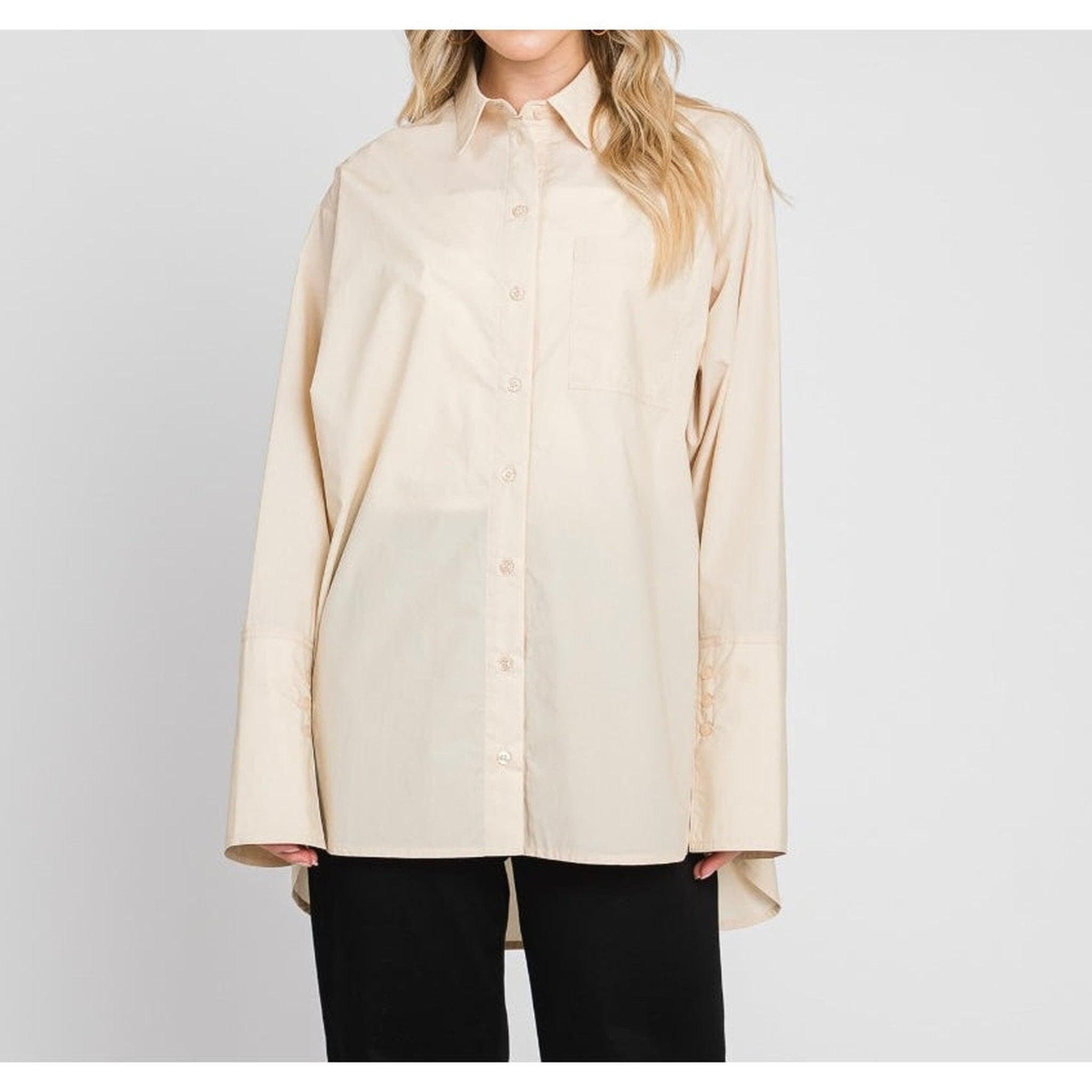 Oversized Cotton Blouse for Women, Latte, Button Down Closure, Long Sleeves, Straight Silhouette, Comfortable Modest Shirt, Tznius Tunic