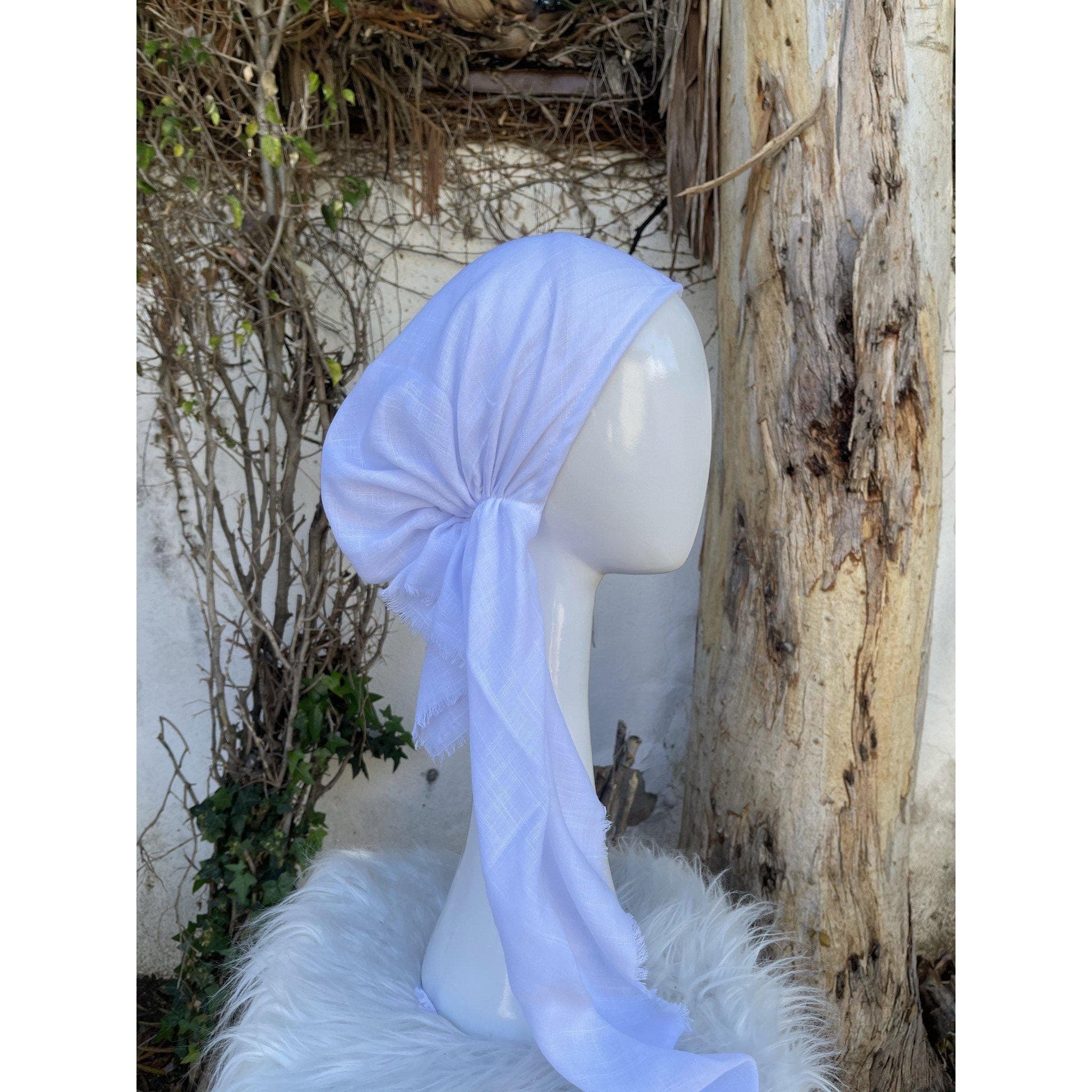 Pre Tied Head Scarf for Women, White, XL Circumference, Long Tails, Cotton Textured Slip On Bandana Headcovering, Chemo Headwear Tichel Lady