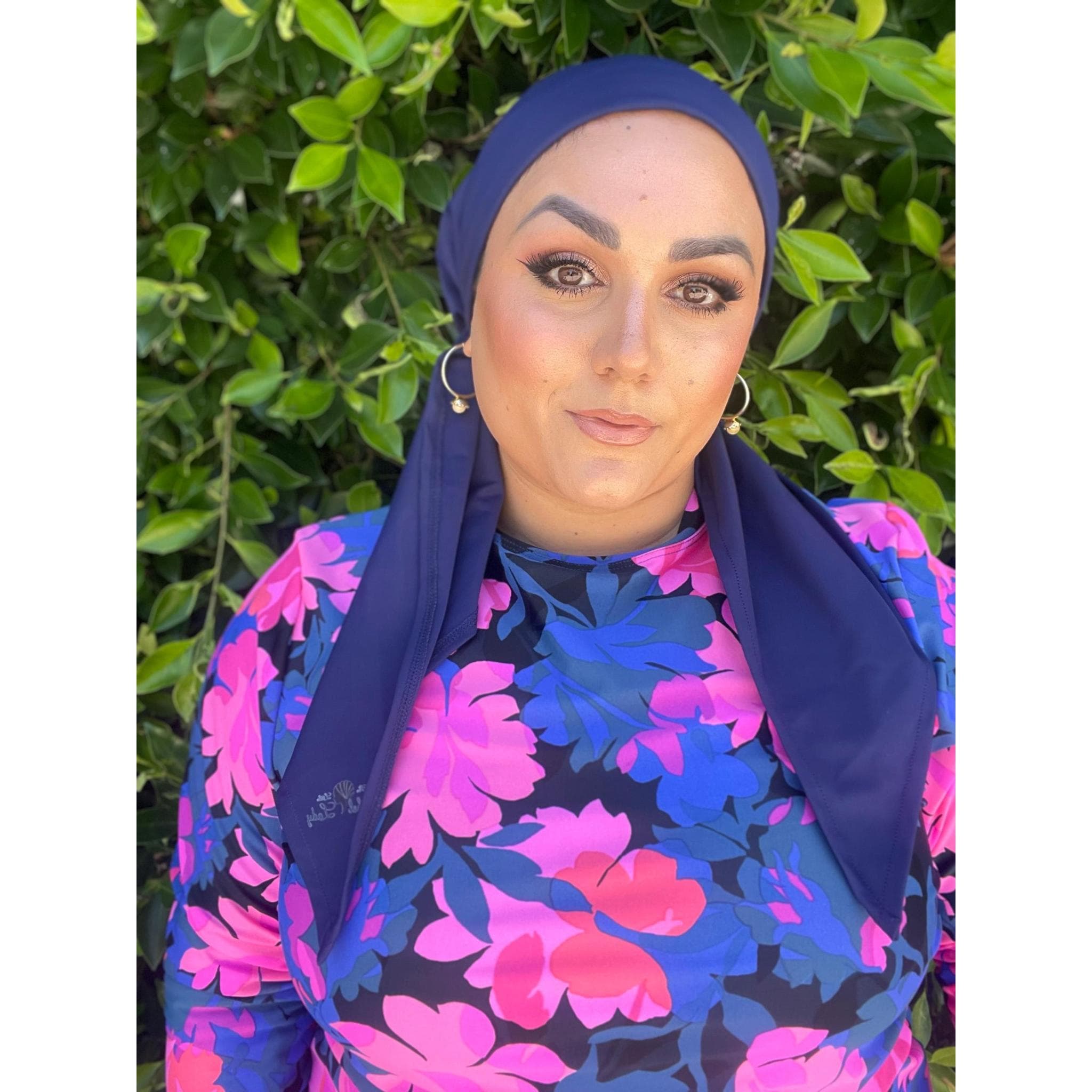 Swim Pre Tied Non-Slip Head Scarf for Women, Navy, Adjustable Tichel, Velvet Headband Attached, Great for Pool Beach Water Parks/ Slides