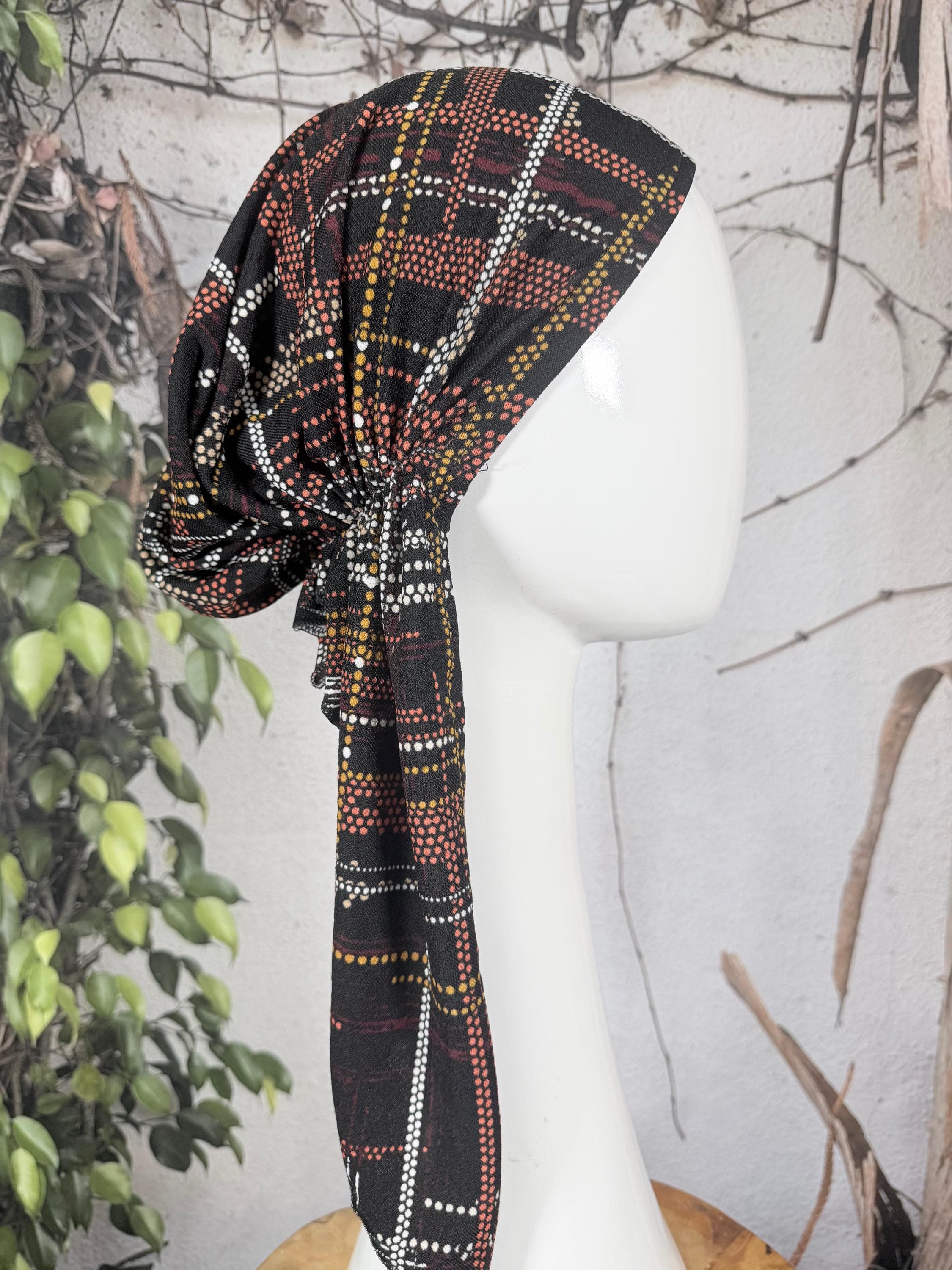 Stretchy Pre Tied Tichel Headscarf for Women, Black/Neutral Print, Standard Tails, Slip On Bandana Headcover, Chemo Headwear Convenient