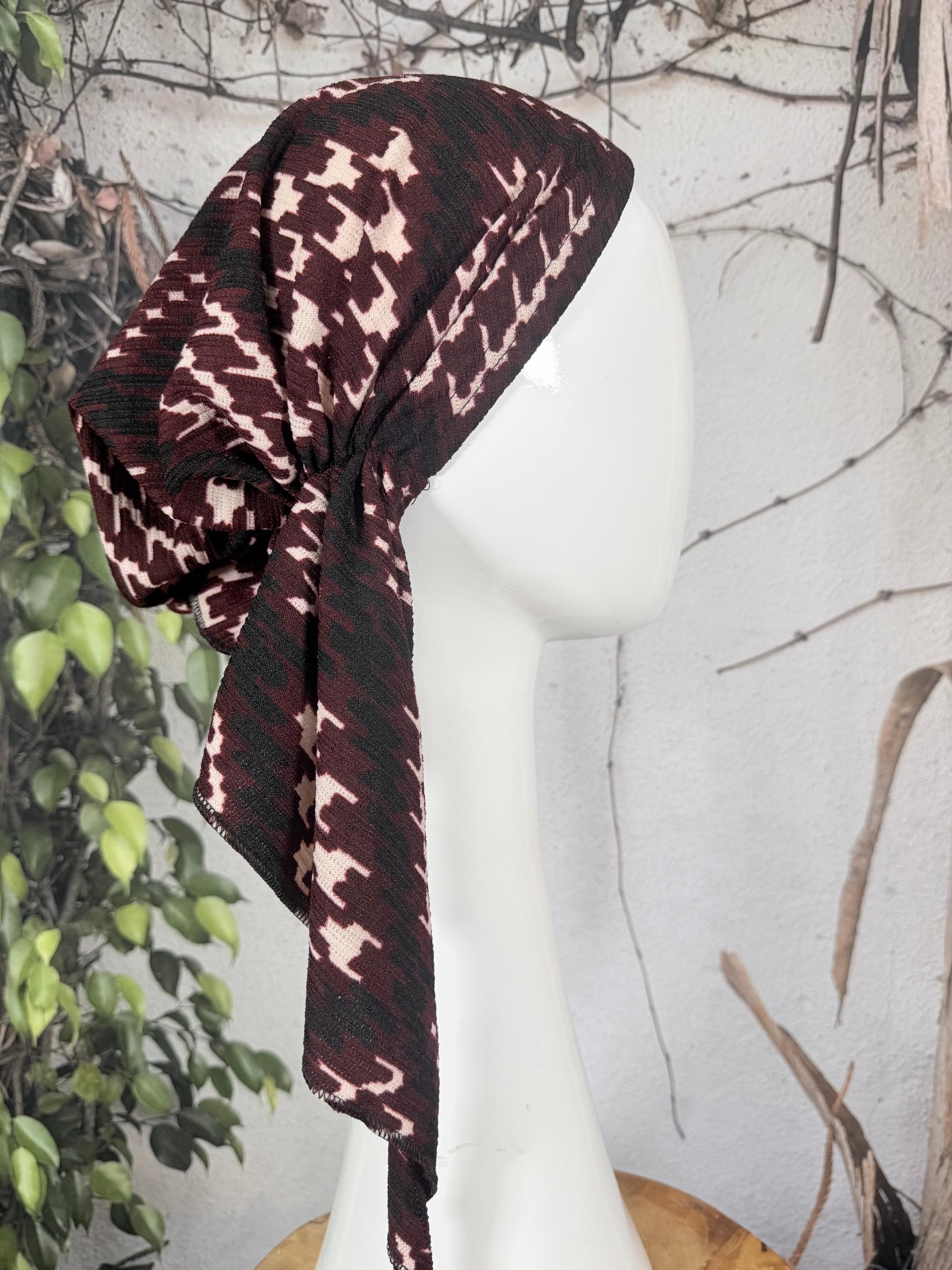 Stretchy Pre Tied Tichel Headscarf for Women, Textured Burgundy Houndstooth Print, Standard Tails, Slip On Bandana Headcover, Chemo Headwear