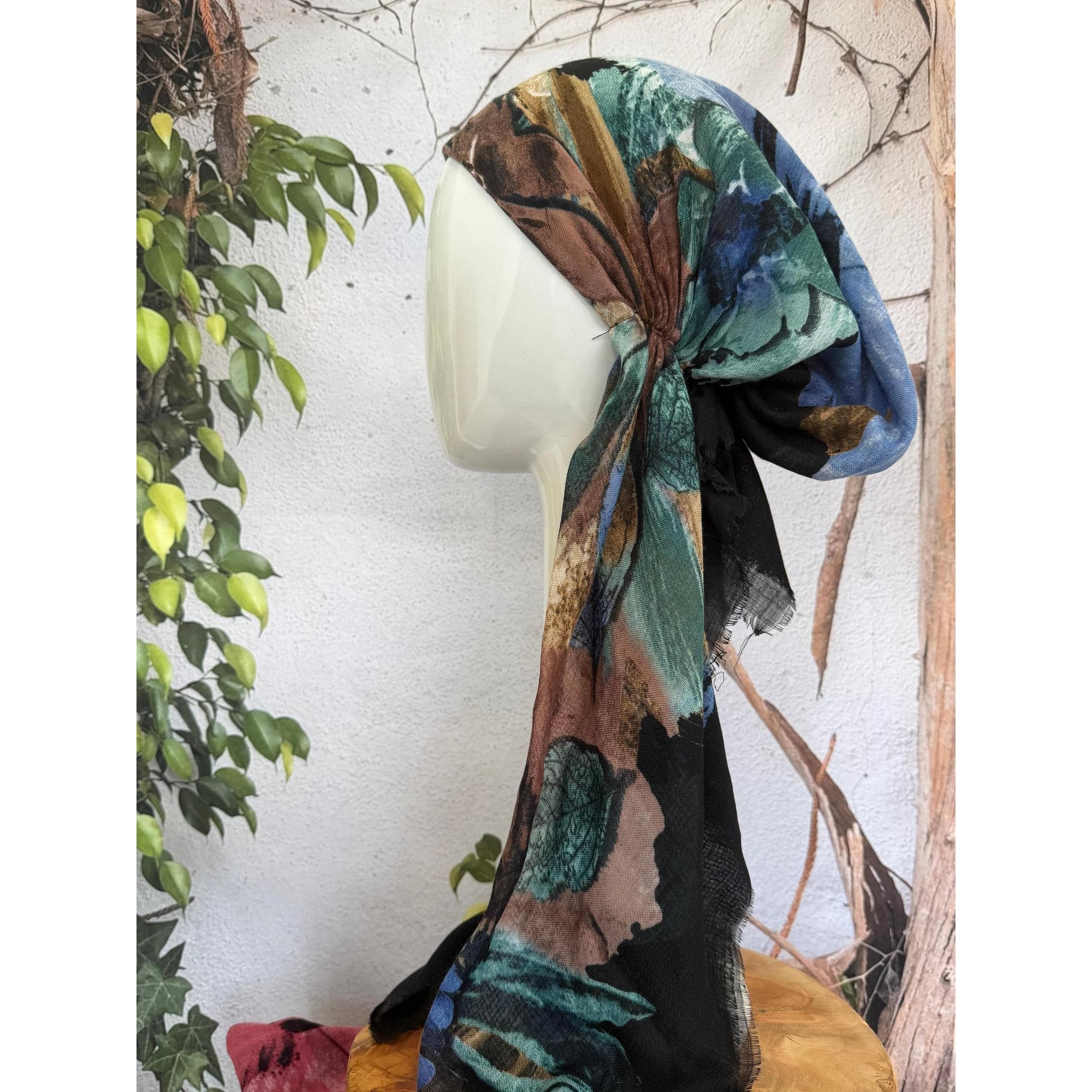 Turkish Cotton Textured NON-SLIP Print Pretied w/ Long Tails - Black/Blue-pretieds-The Little Tichel Lady