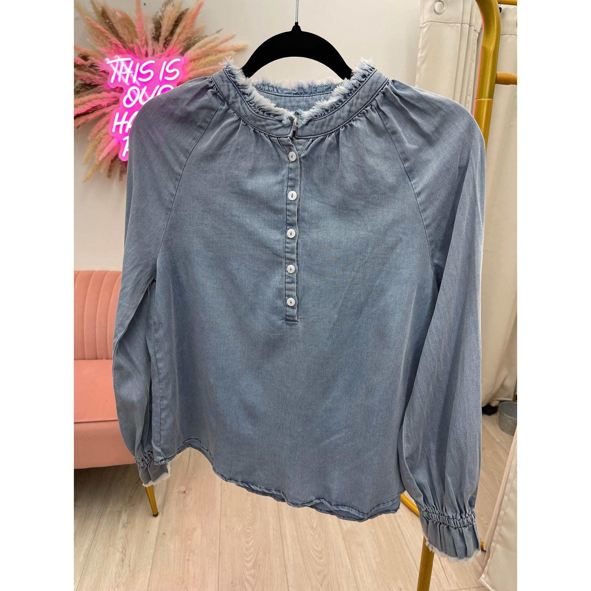 Faux Denim Top w/ Frayed Details-Tops-The Little Tichel Lady