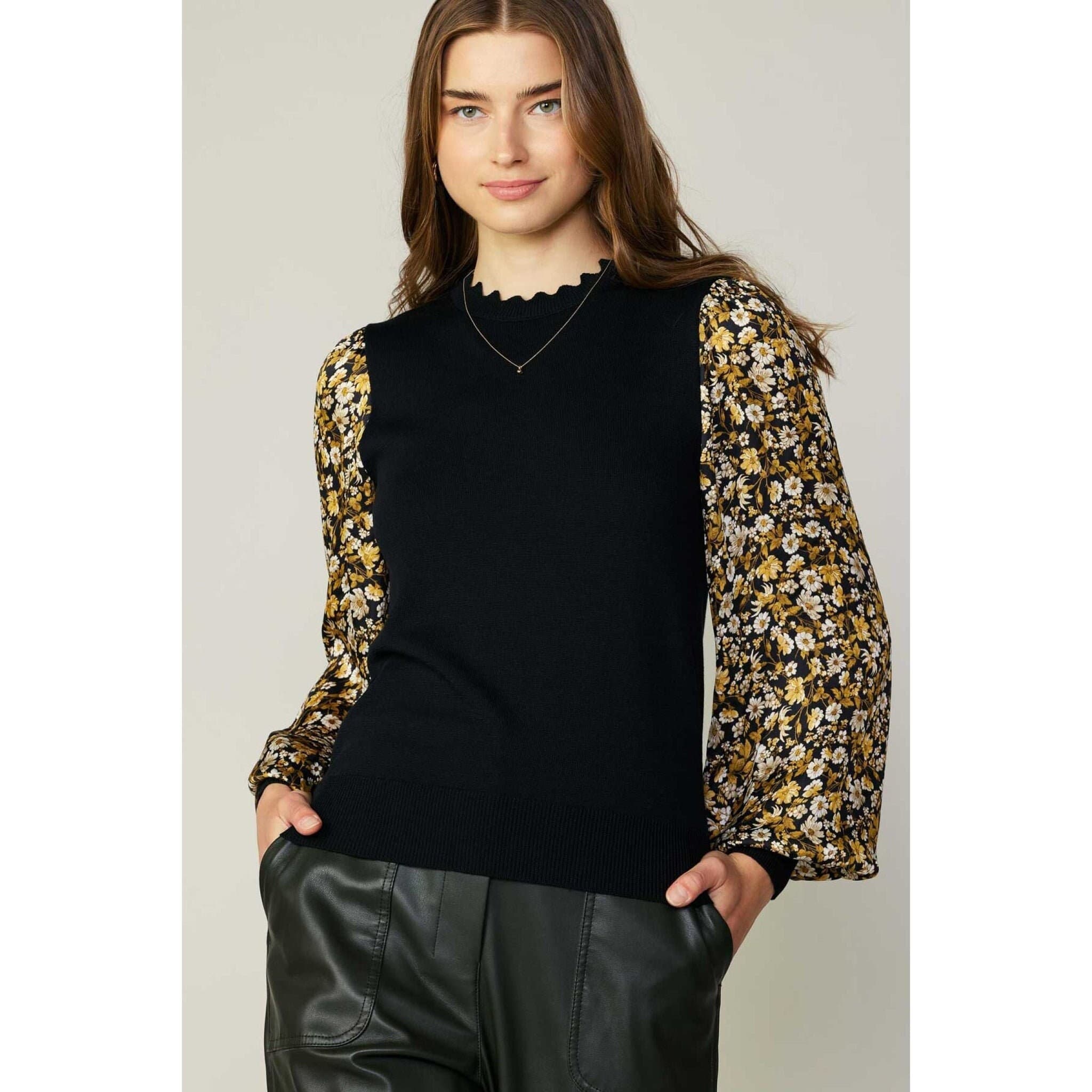Elegant Sweater for Women, Black w/ Contrast Floral Woven Sleeve Top Slim Fit, Knitted Bodice, Modest Tznius Clothing, Scalloped Neckline