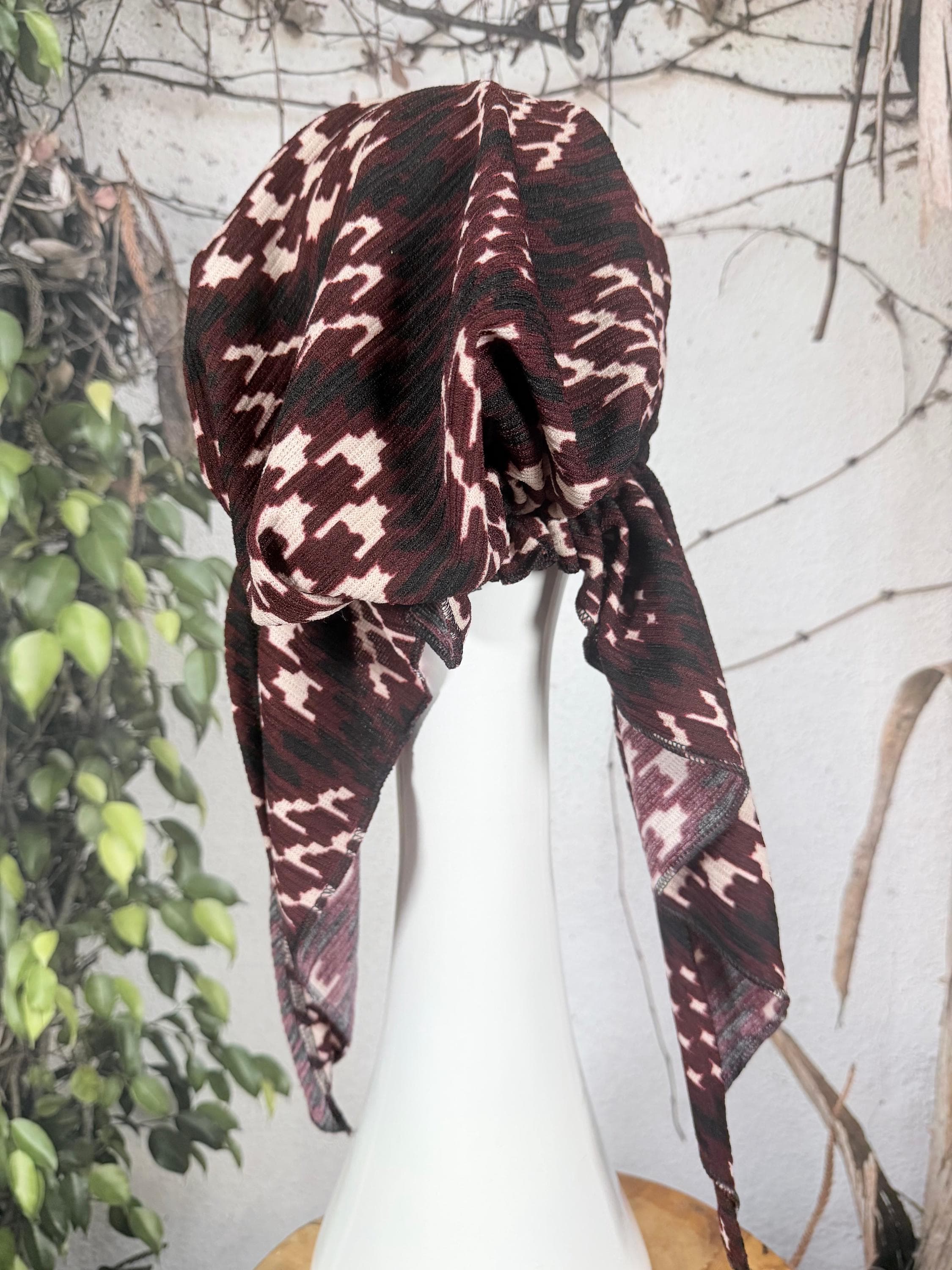 Stretchy Pretied Tichel - Textured Burgundy Houndstooth-pretieds-The Little Tichel Lady