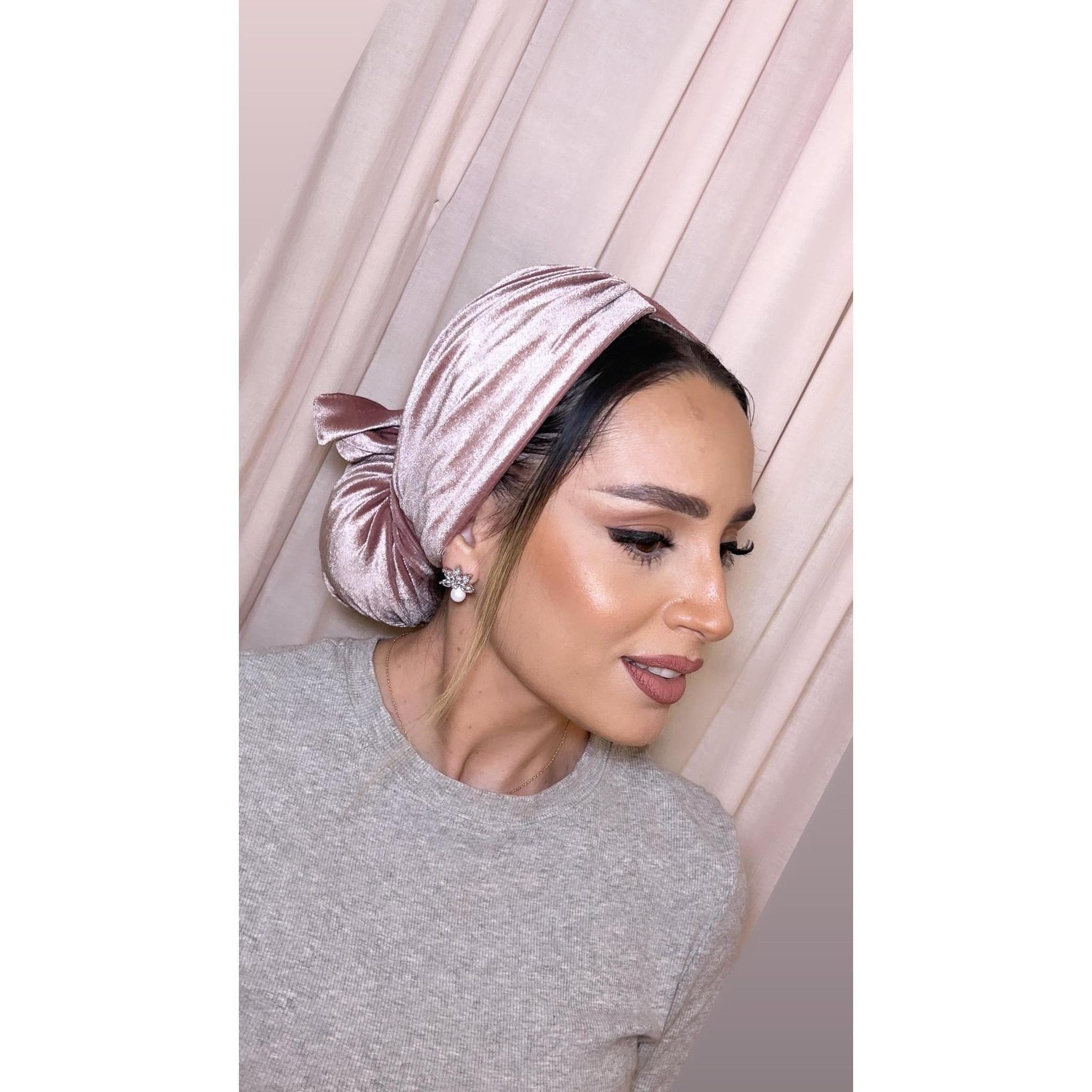 Chic Women’s Head Scarf, Slip On & Tie Closure, Pink Velvet, Elegant Headcovering, Fancy Chemo Headwear Pretied Israeli Headwrap Tichel