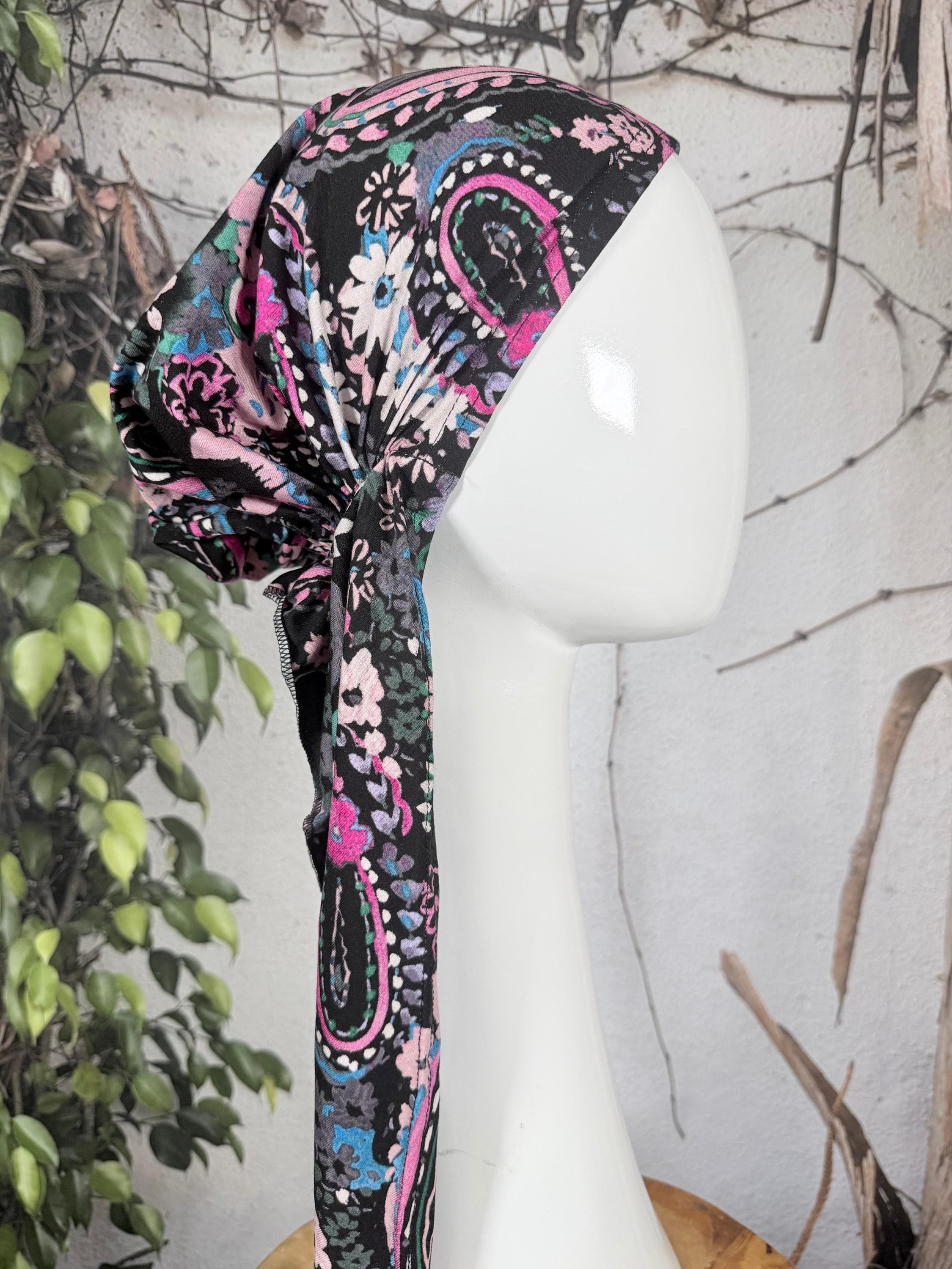 Stretchy Pre Tied Tichel Headscarf for Women, Black/Pink Floral Paisley Print, Standard Tails, Slip On Bandana Headcover, Chemo Headwear