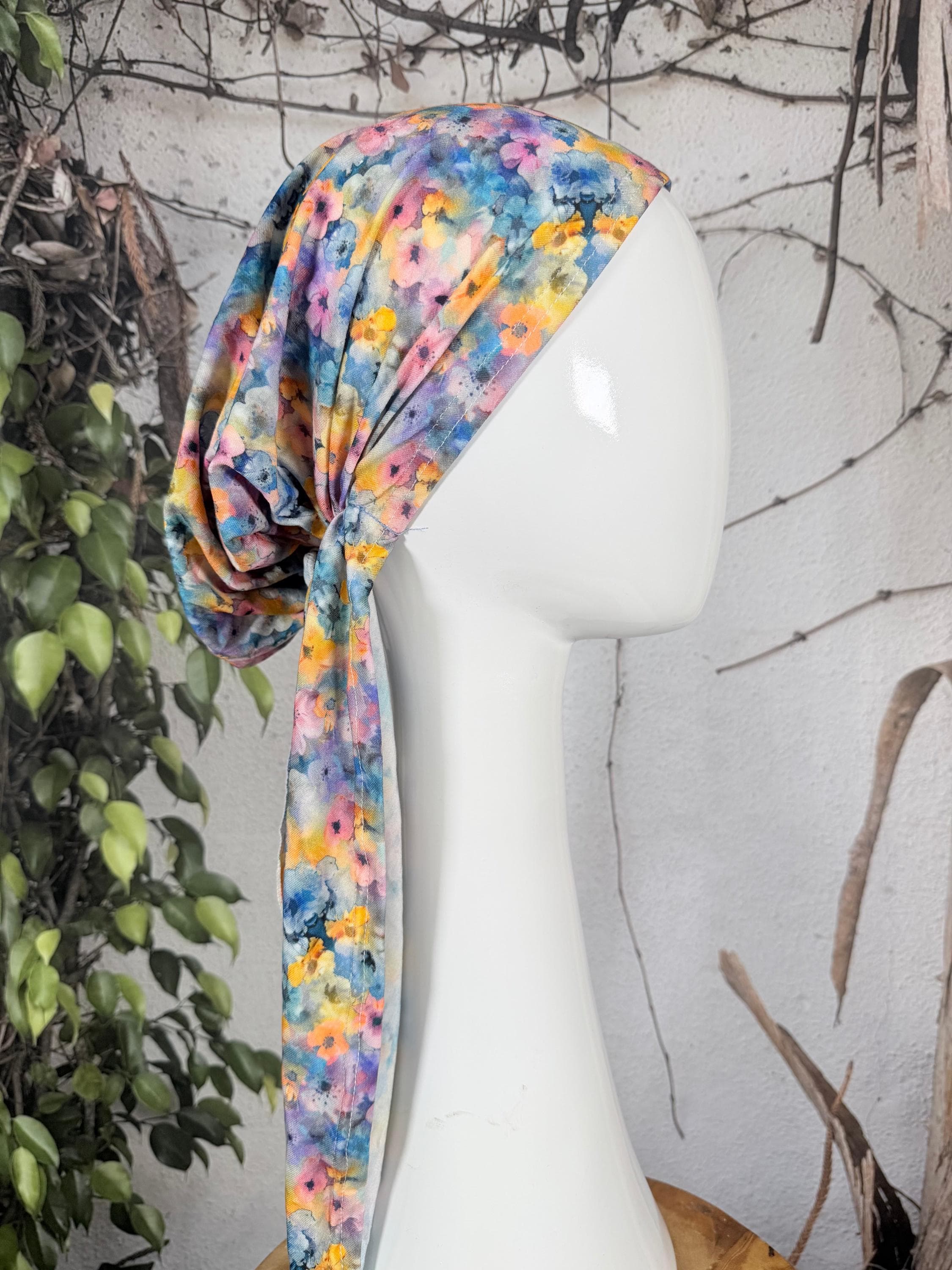 Stretchy Pre Tied Tichel Headscarf for Women, Blended Floral Print, Standard Tails, Slip On Bandana Headcover, Chemo Headwear Convenient
