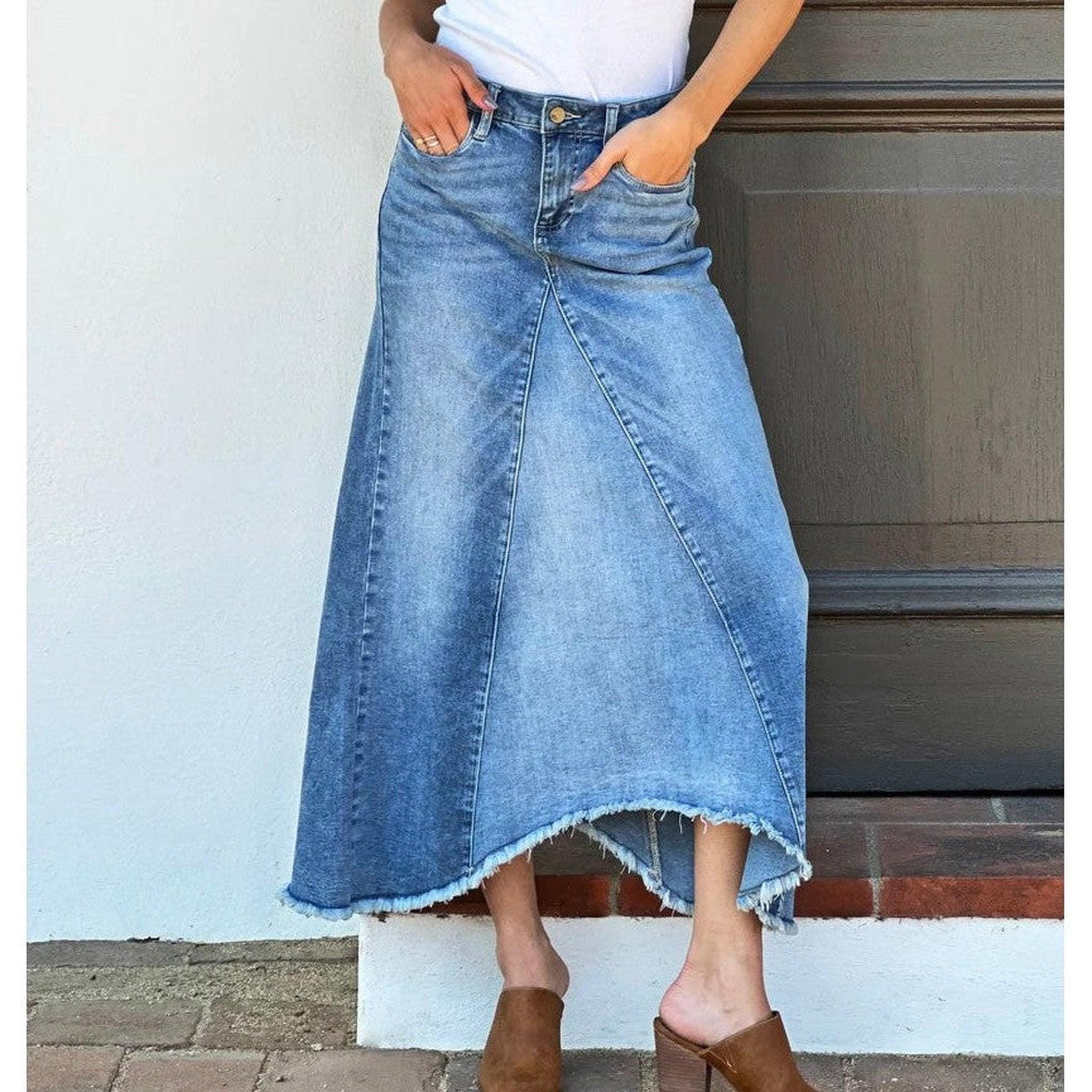 Classic Denim Midi Skirt. Blue, Sizes 0-18, Modest Clothing, Zip Fly with Button Closure, Casual Everyday Skirt, Wash Lab