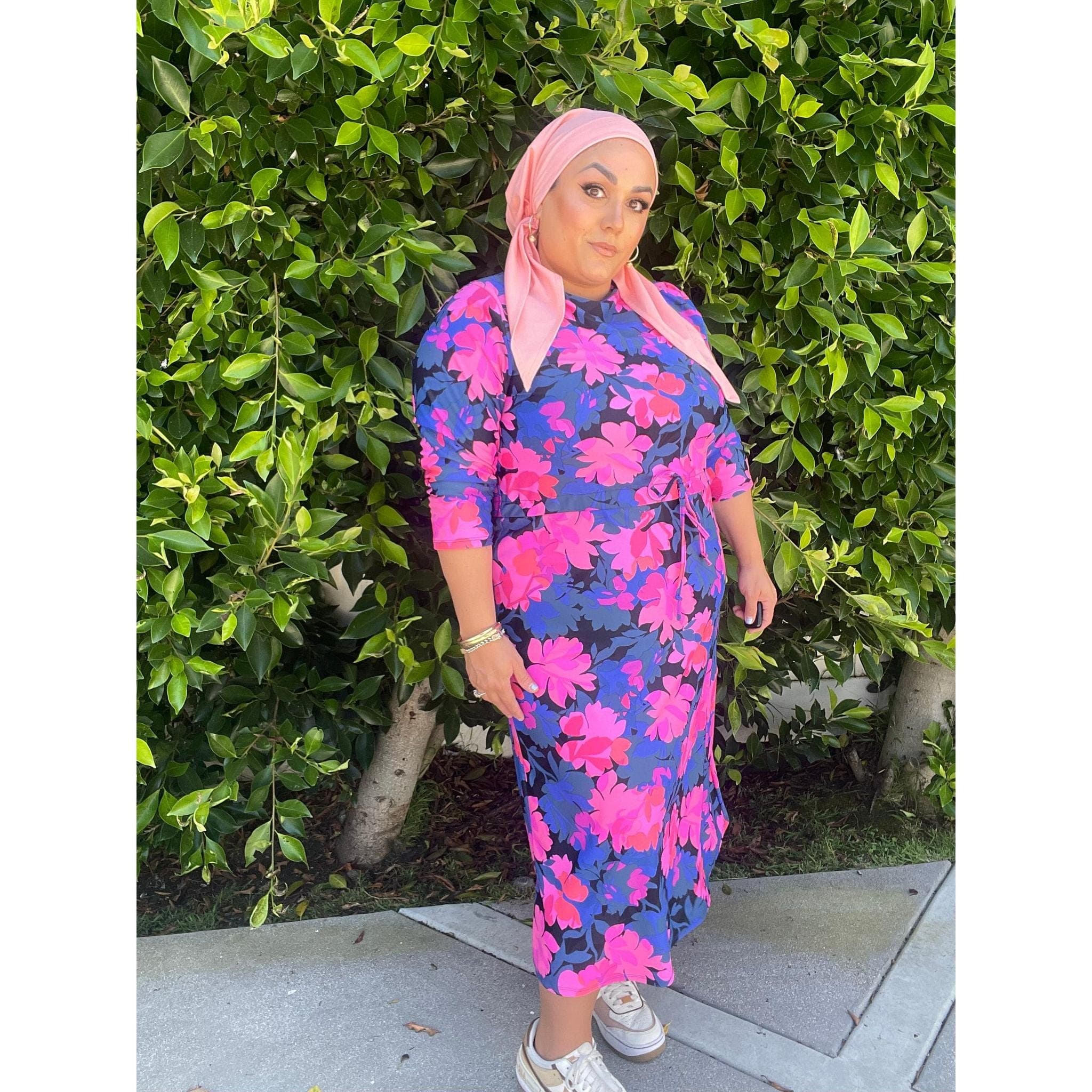 Ladies Modest Swim Dress, Tie Waist, Pink Floral, S-XL