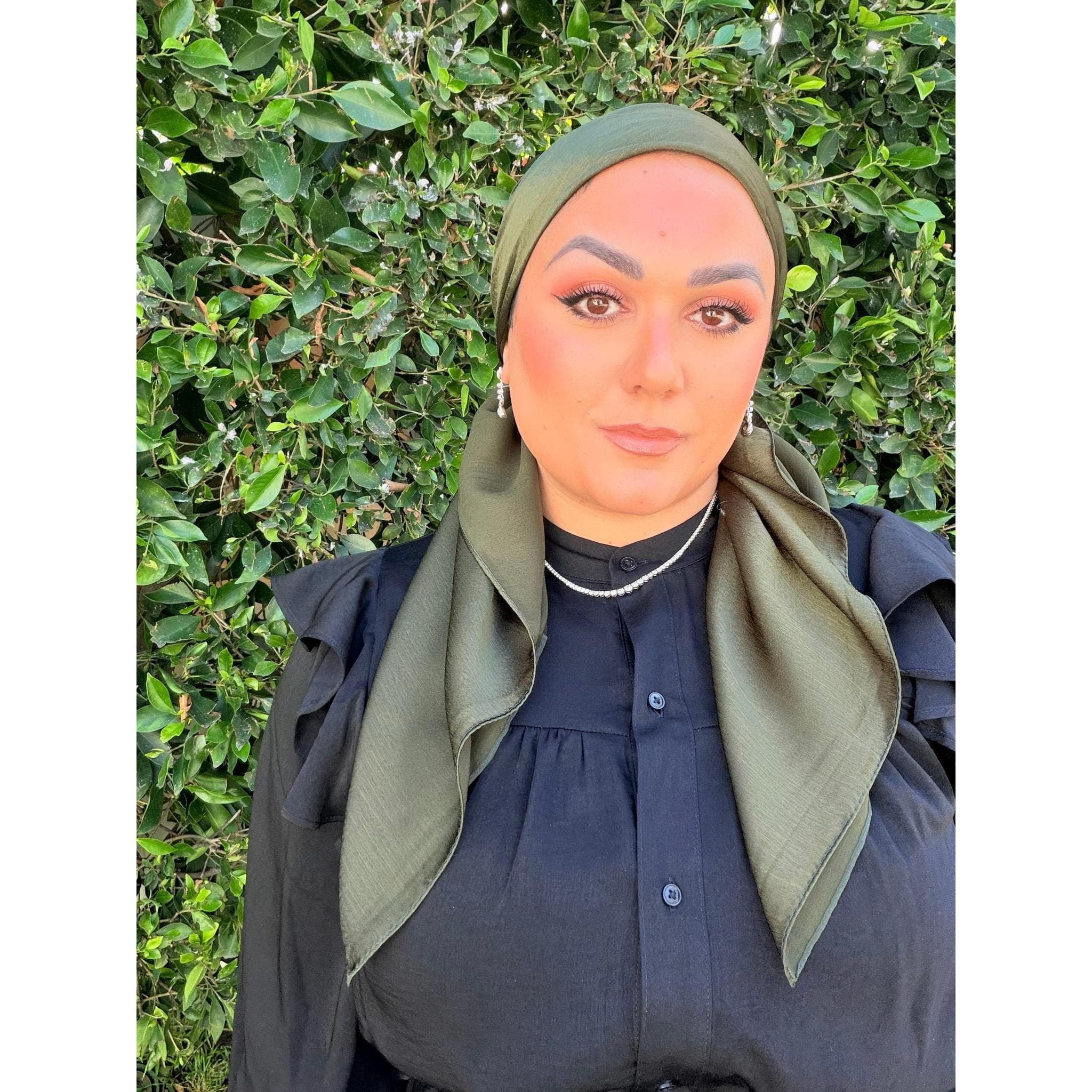 Luster Luxe Square Scarf for Women, Olive Green, 37" Soft Shiny Chic Bandana Headcovering, Chemo Headwear, Hijab, Tichel Lady