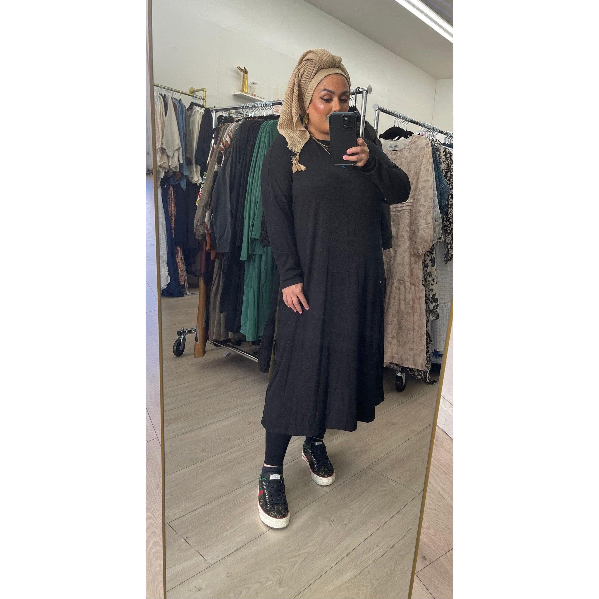 Ribbed Crew Neck Dress, Black, XS-3XL, Plus Sizes, Pockets, Swing Design, Comfortable Modest Clothing, Any Occasion