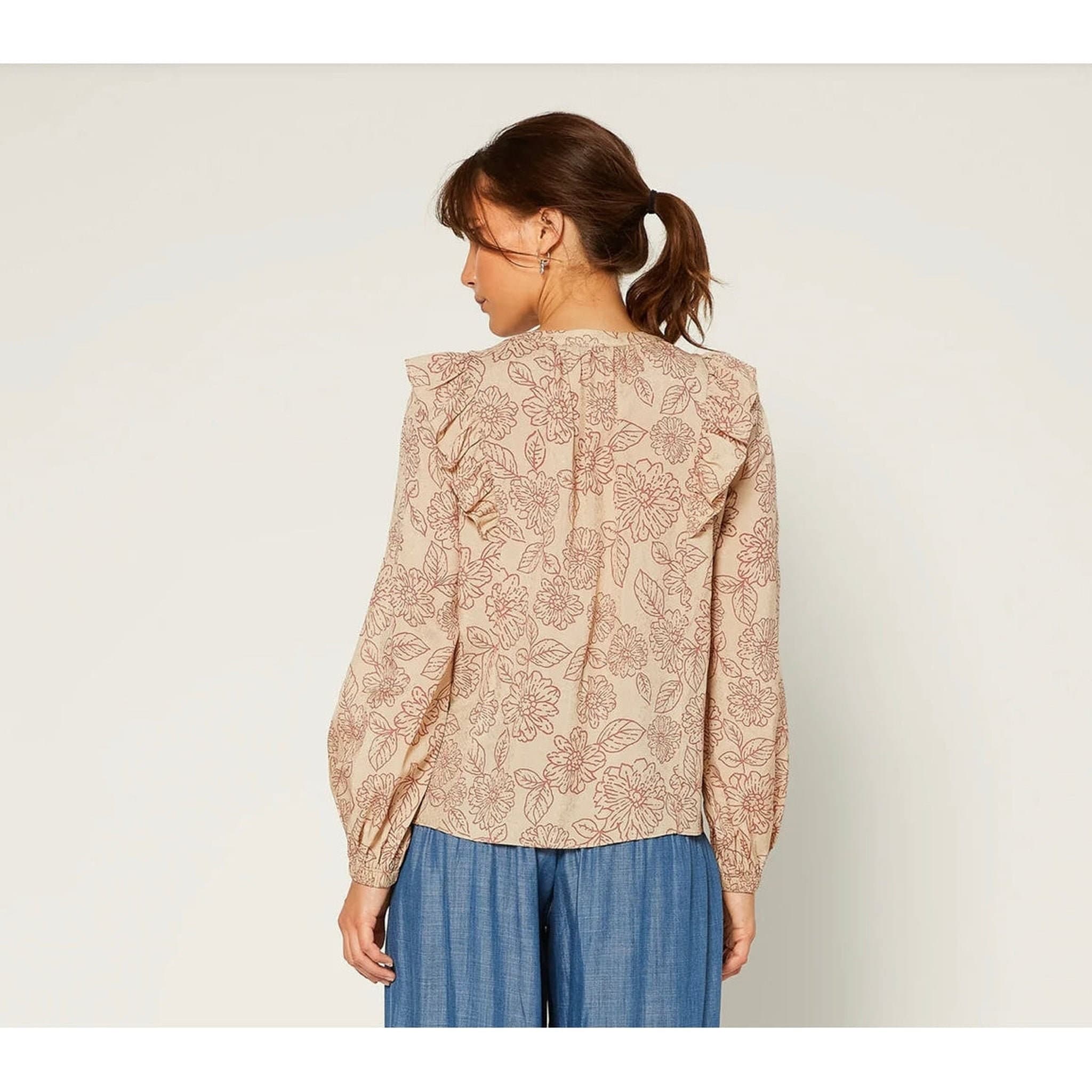 Printed Ruffle Blouse for Women, XS-LG, Beautiful Rose Design, Long Sleeve, Modest Tznius Top, Elegant Tunic Shirt