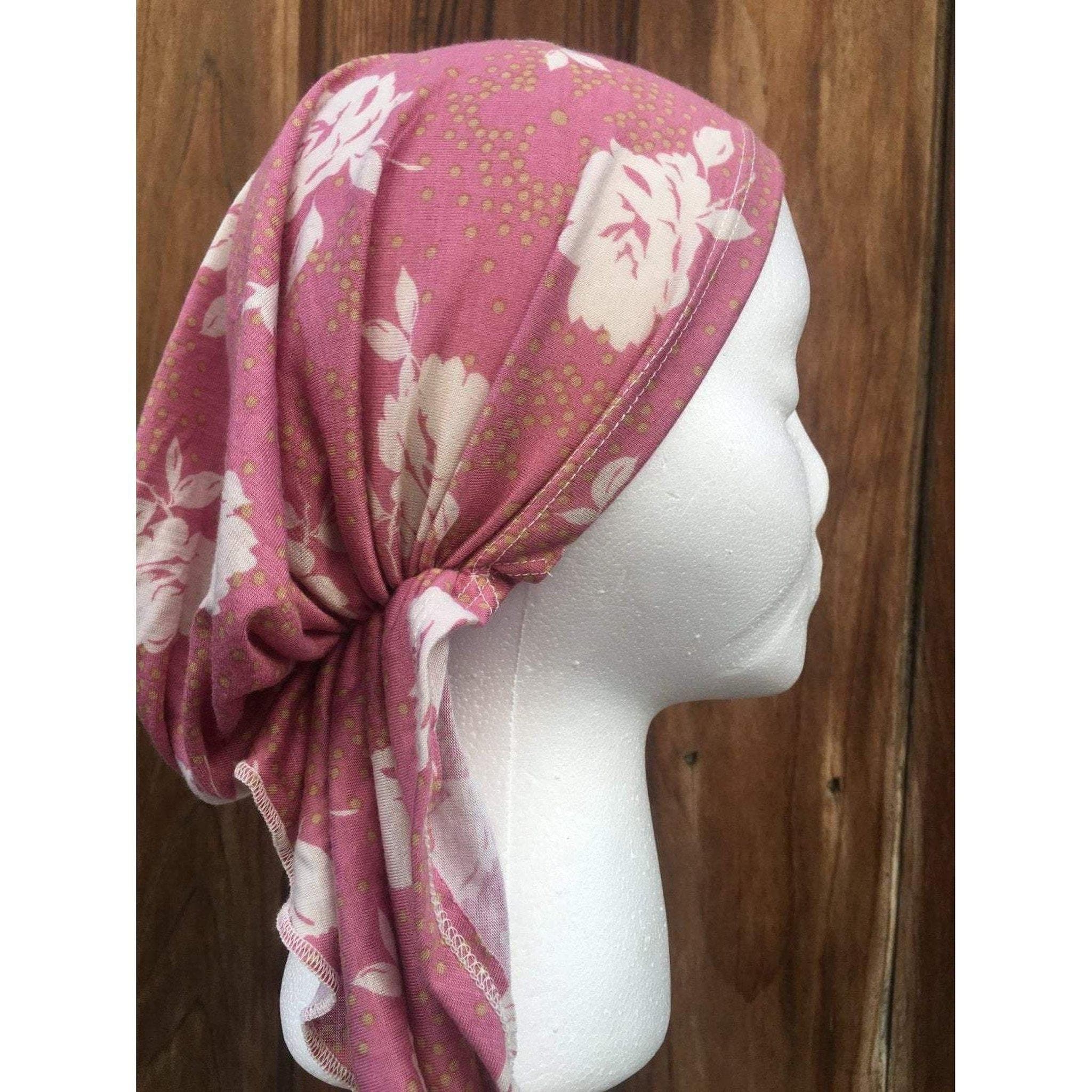 Pre Tied Tichel Headscarf, Pink Floral Slip On Turban, Chemo Hat Cap Beanie, Head Cover for Women, Housewear, Cancer Gifts, Hair Accessory