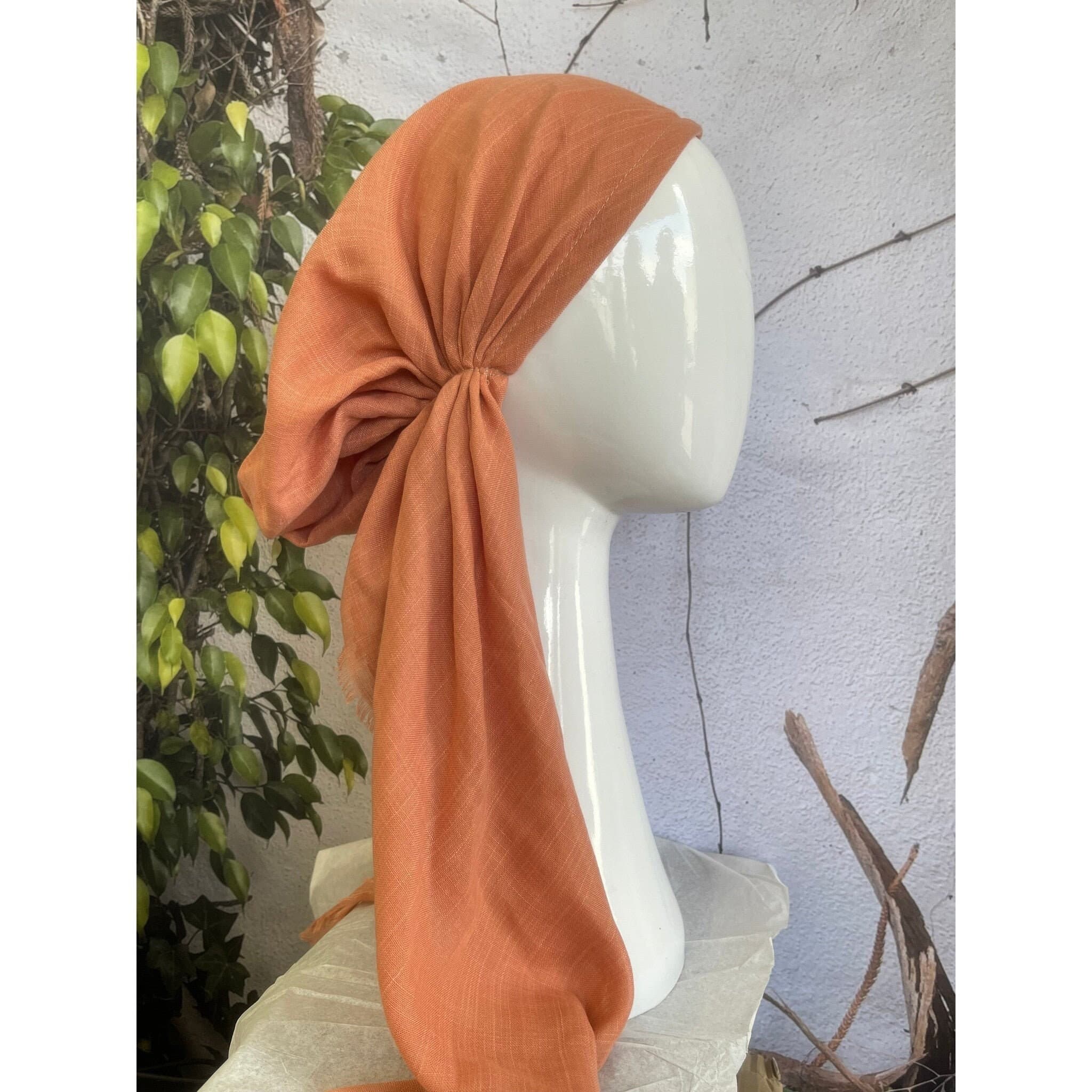 Pre Tied Head Scarf for Women, Dusty Peach, Long Tails, Cotton Textured Slip On Bandana Head Covering, Convenient Chemo Headwear Tichel Lady