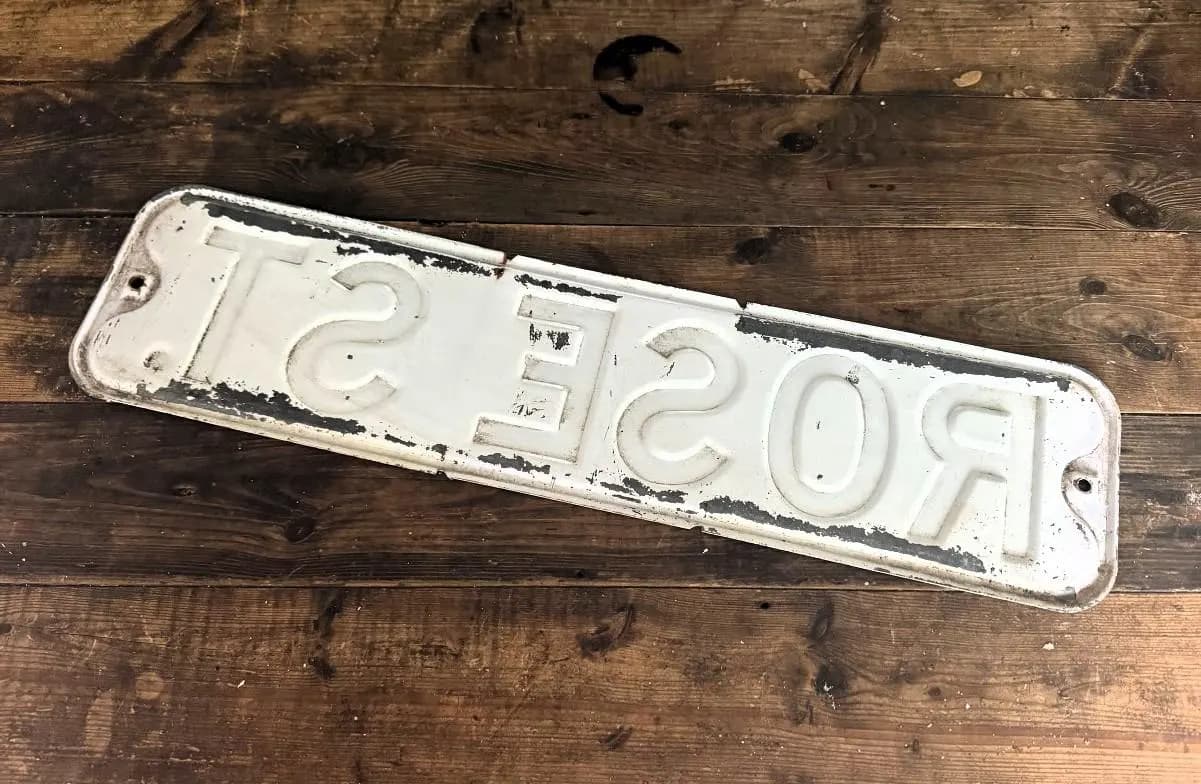 Rustic Vintage Heavy Metal "Rose St." White and Black Road Sign Old Street Sign Garden Decor - image 4