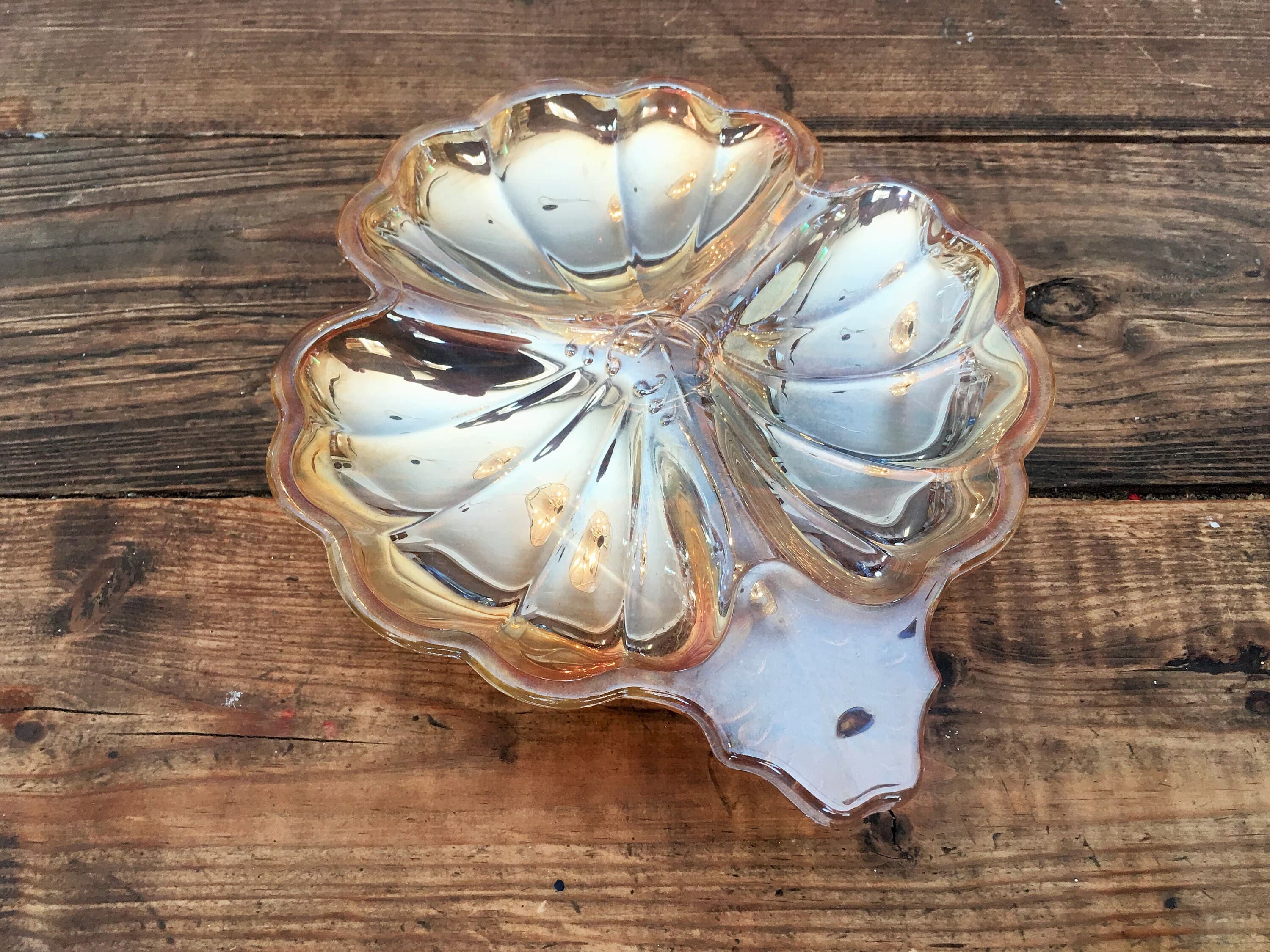 Vintage Doric Jeanette Marigold Carnival Glass 3 Leaf Clover Candy Dish/Collectible Carnival Glass Candy Dish/Decorative Iridescent Amber - image 3